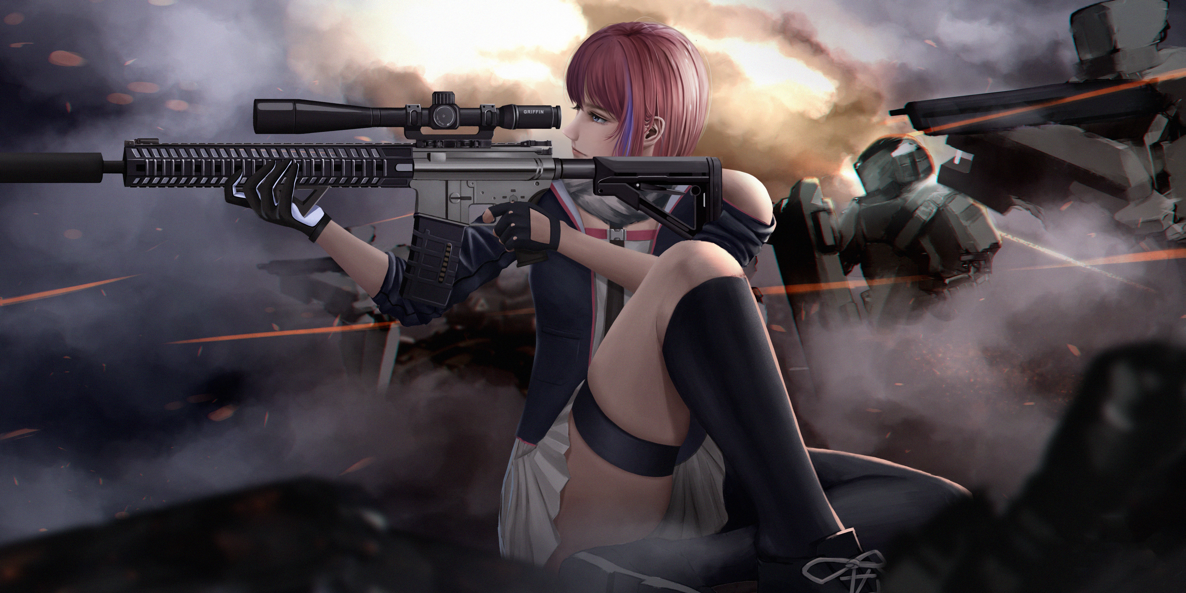Girl with sniper rifle in battle HD Wallpaper
