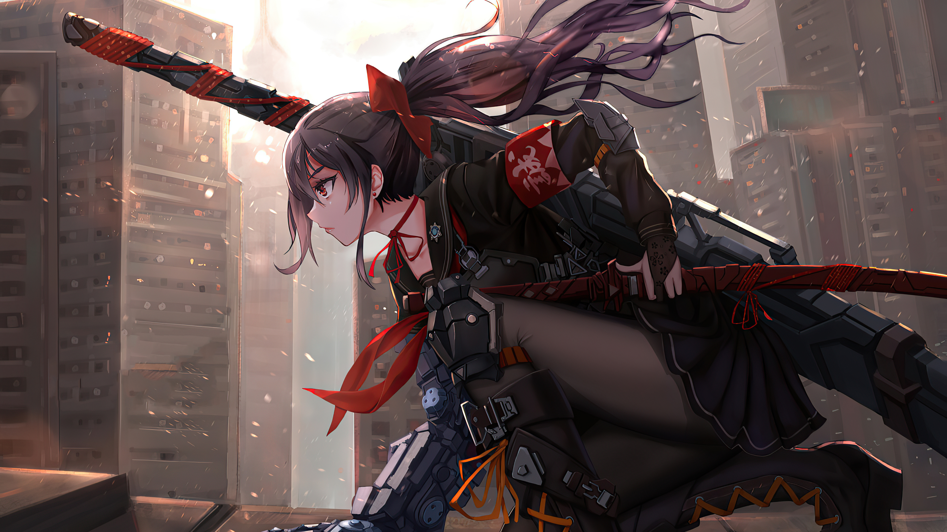 Anime girl with sword in futuristic city HD Wallpaper