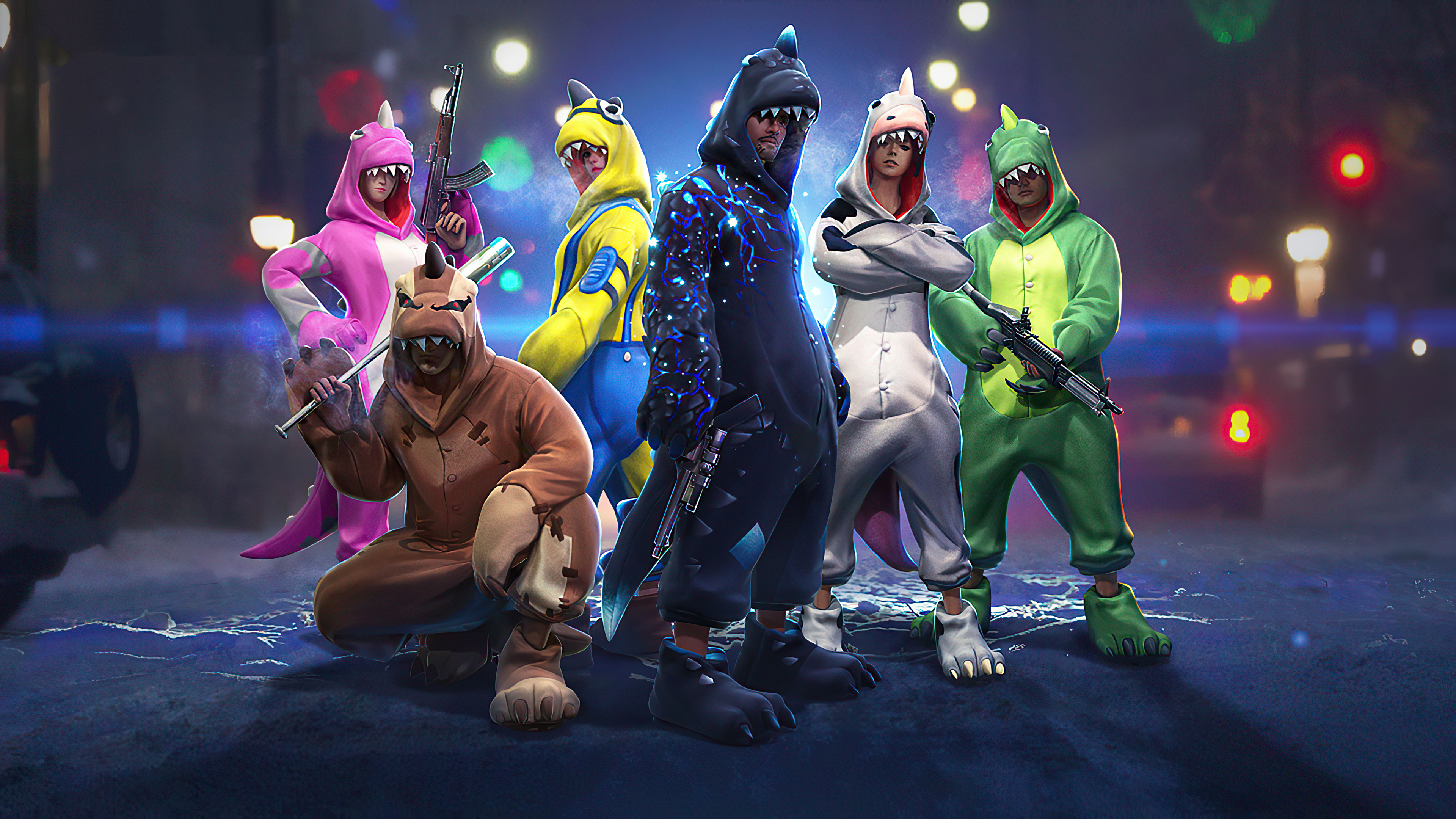 Garena Free Fire characters in dinosaur costumes HD Wallpaper