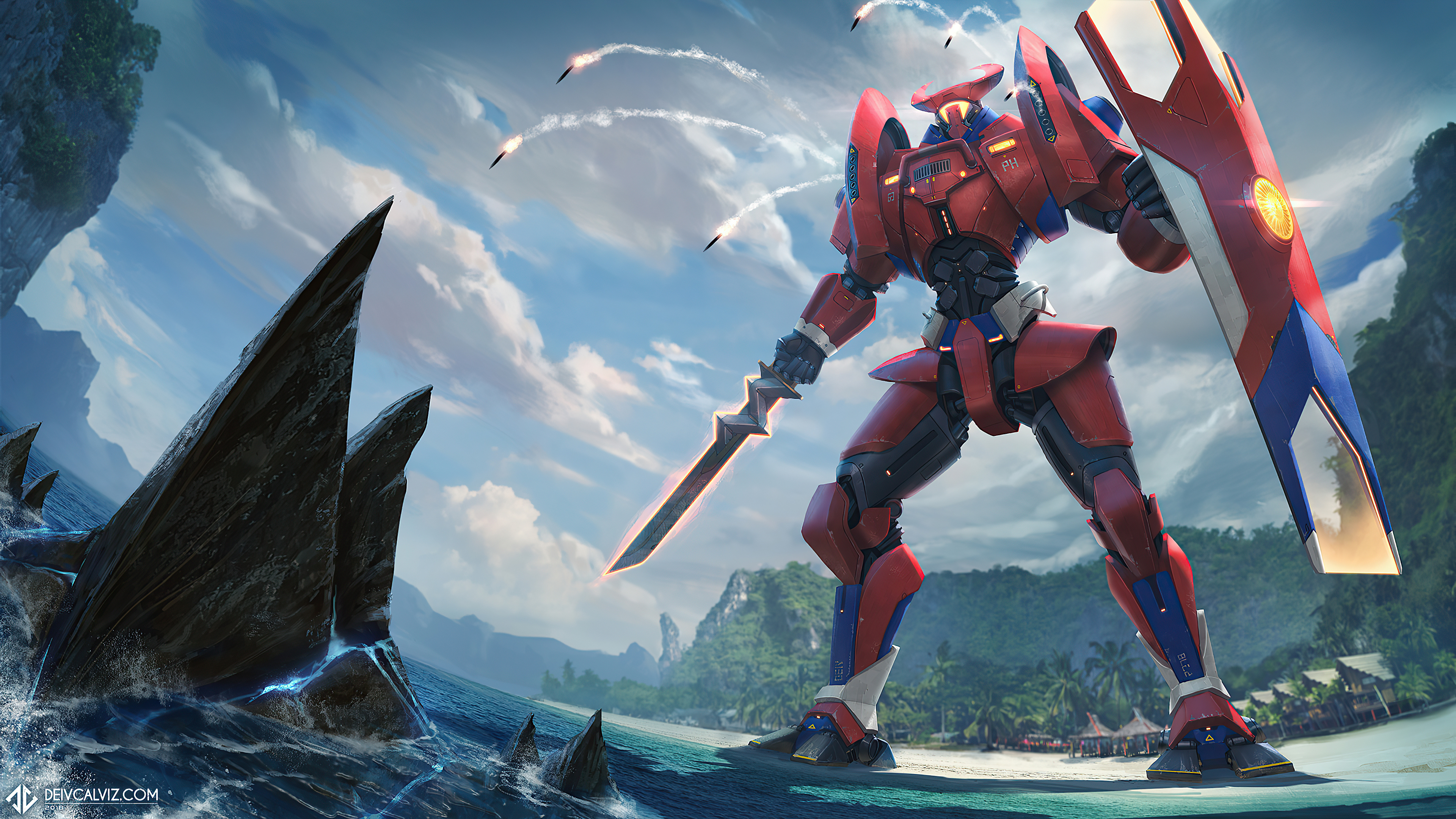 Giant red robot with sword and shield on beach HD Wallpaper