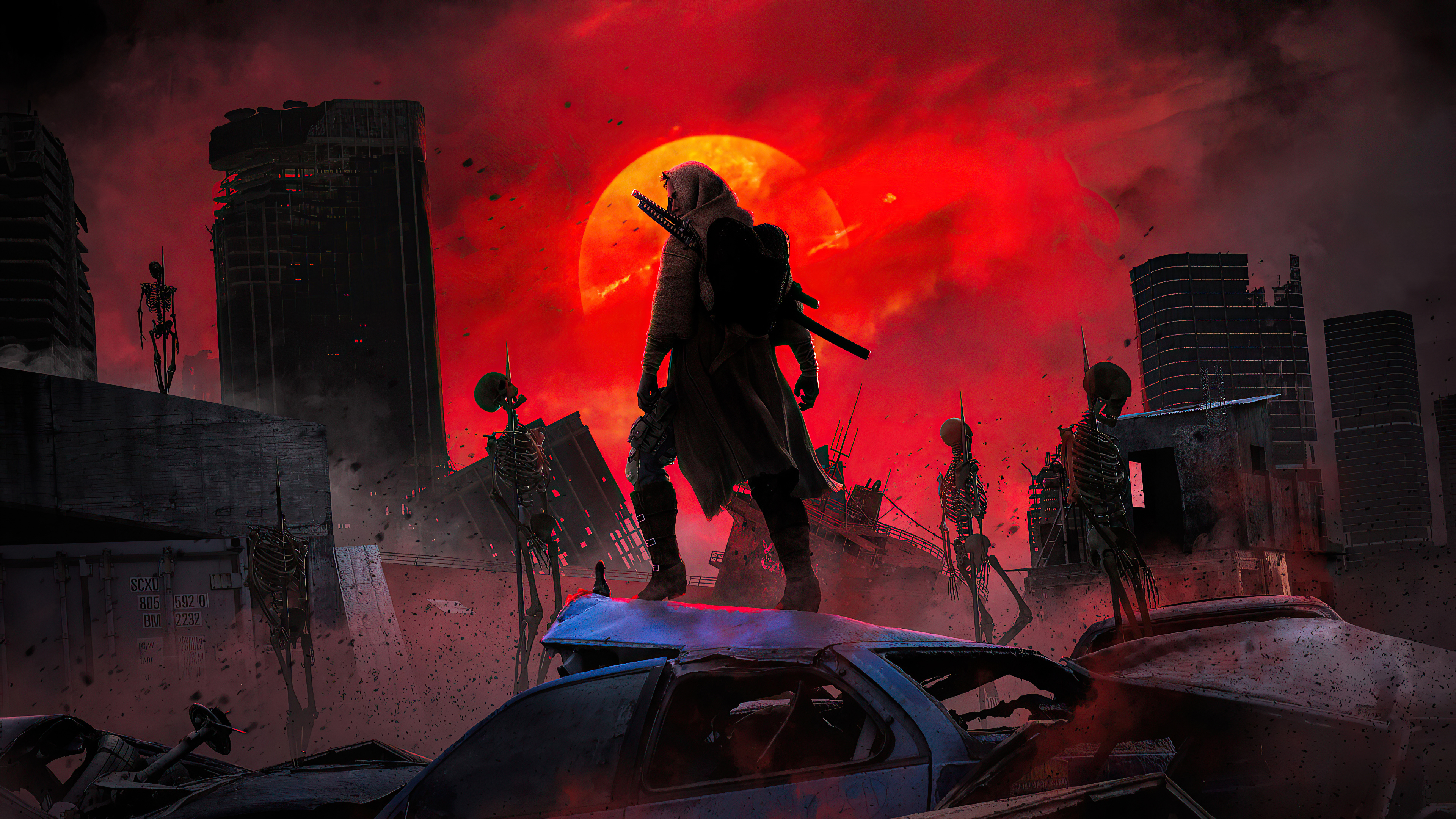Post-apocalyptic warrior with swords and skeletons HD Wallpaper