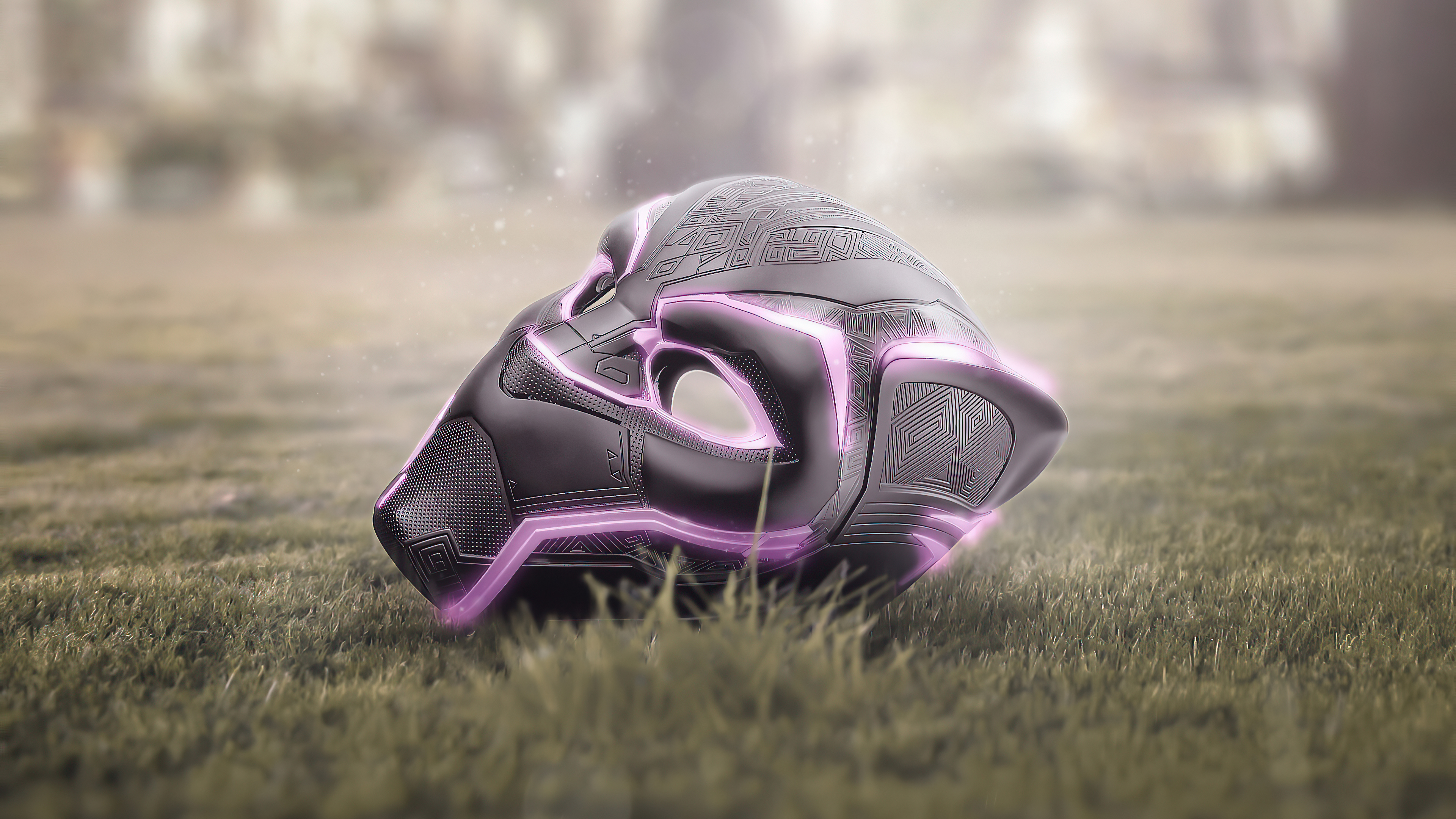 Black Panther mask with purple glowing accents on grass HD Wallpaper