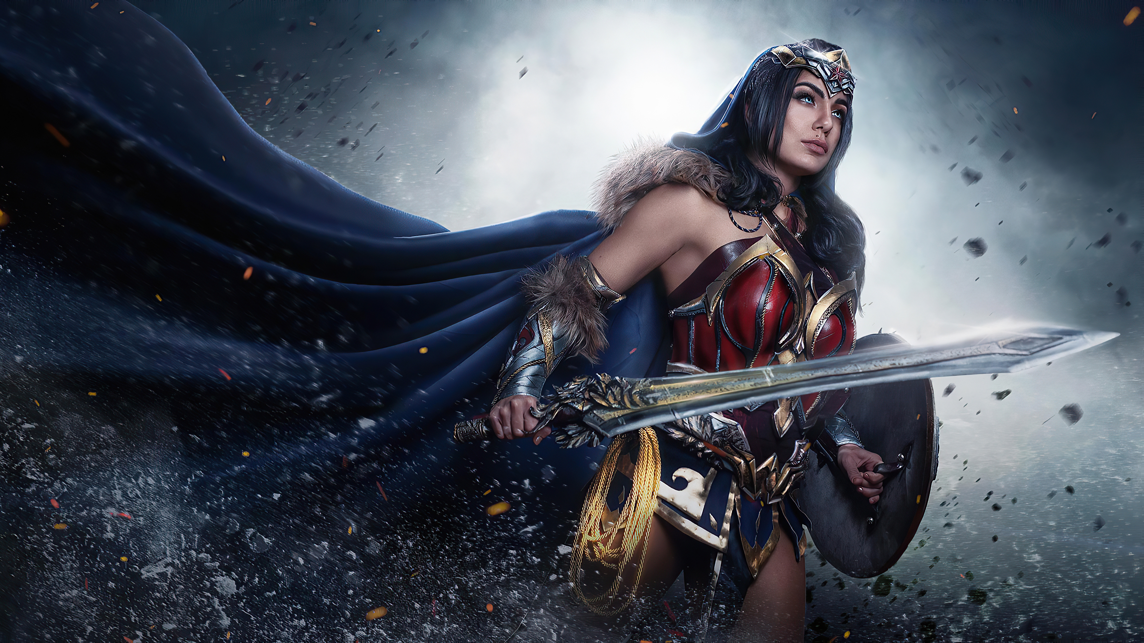 Wonder Woman Cosplay with Sword and Shield HD Wallpaper
