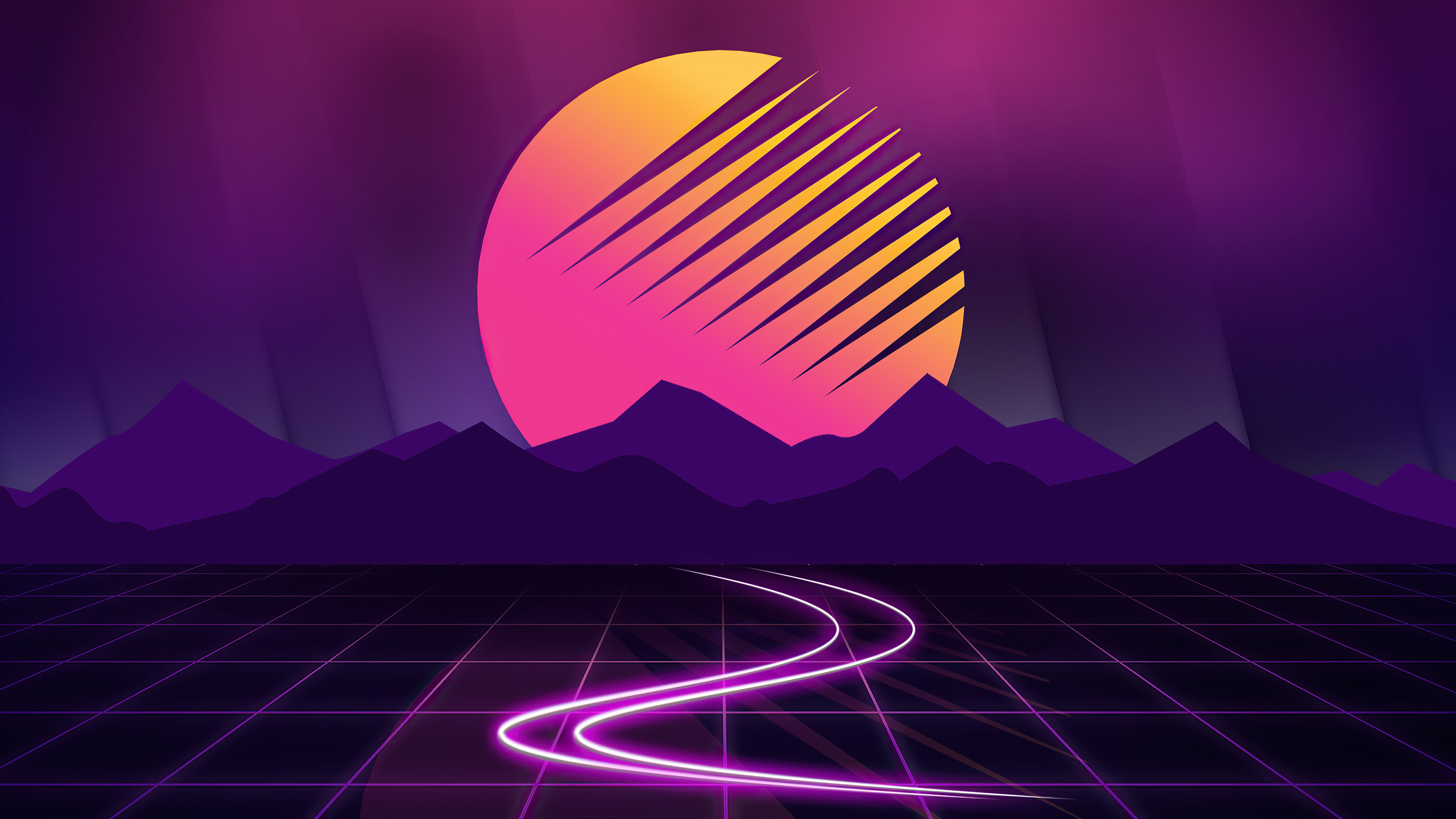 Retrowave digital art with mountains and sun HD Wallpaper