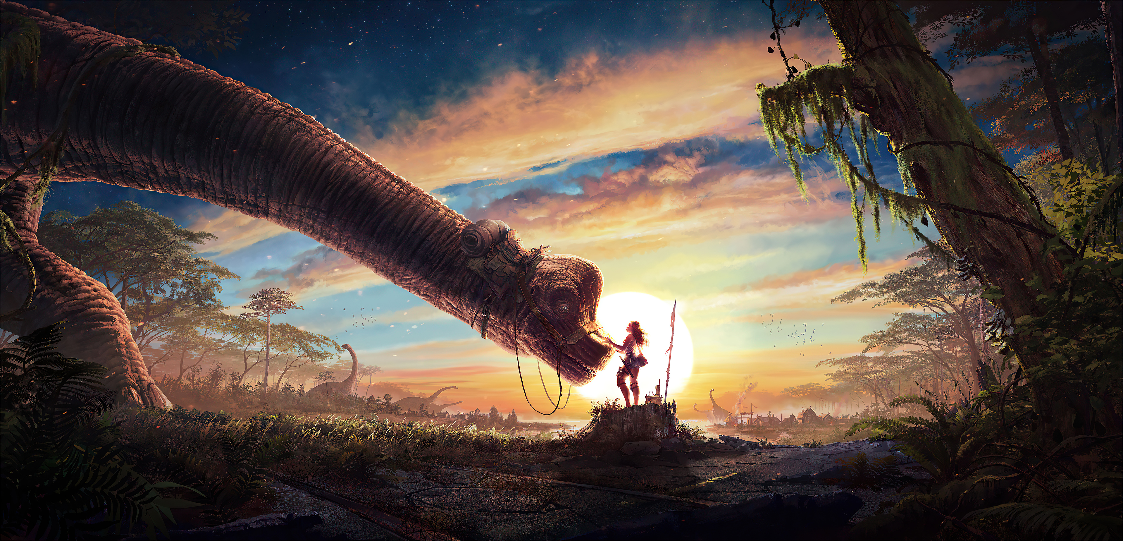 Artwork of a girl and a dinosaur at sunset HD Wallpaper
