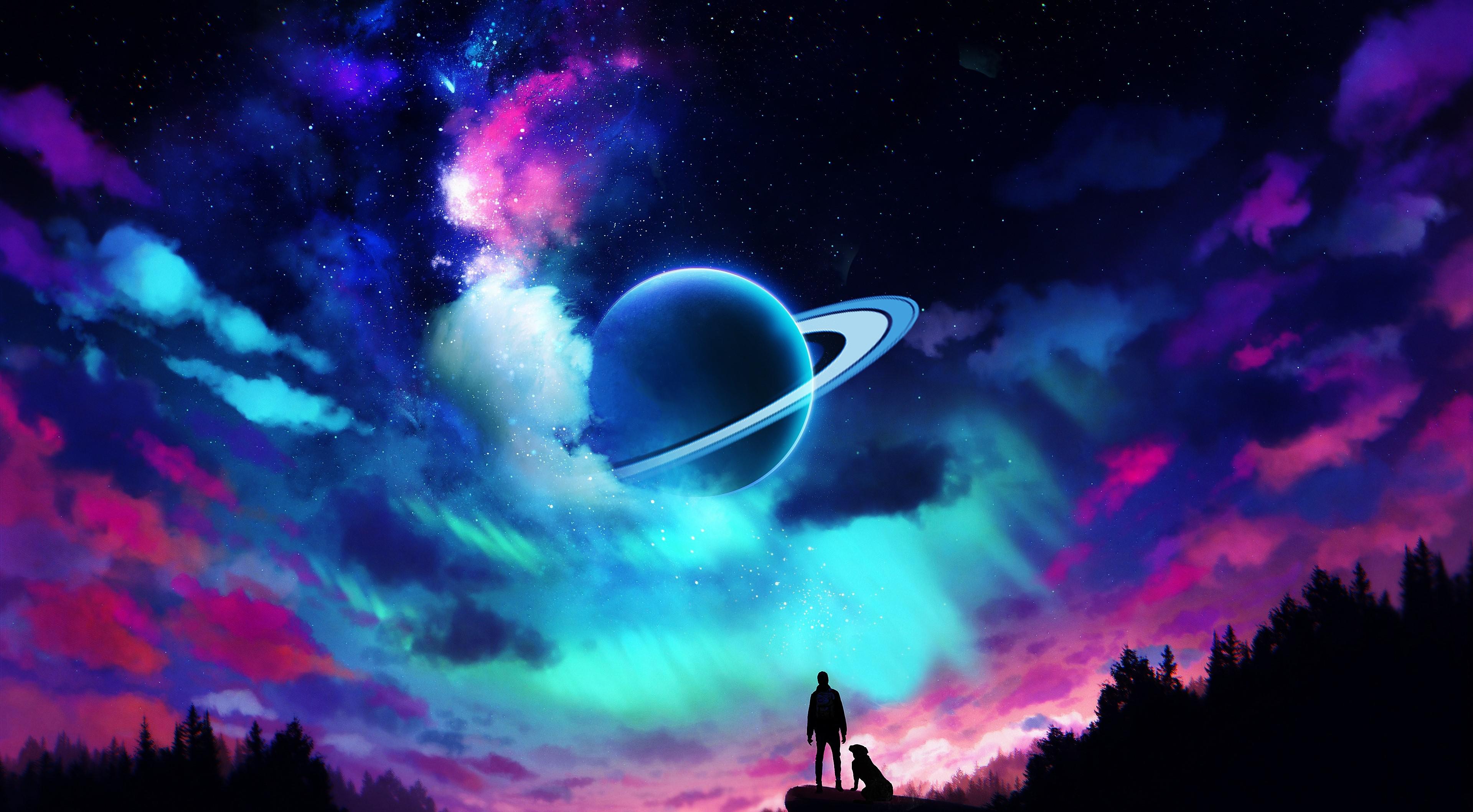 Man and dog watching a ringed planet in a colorful nebula HD Wallpaper