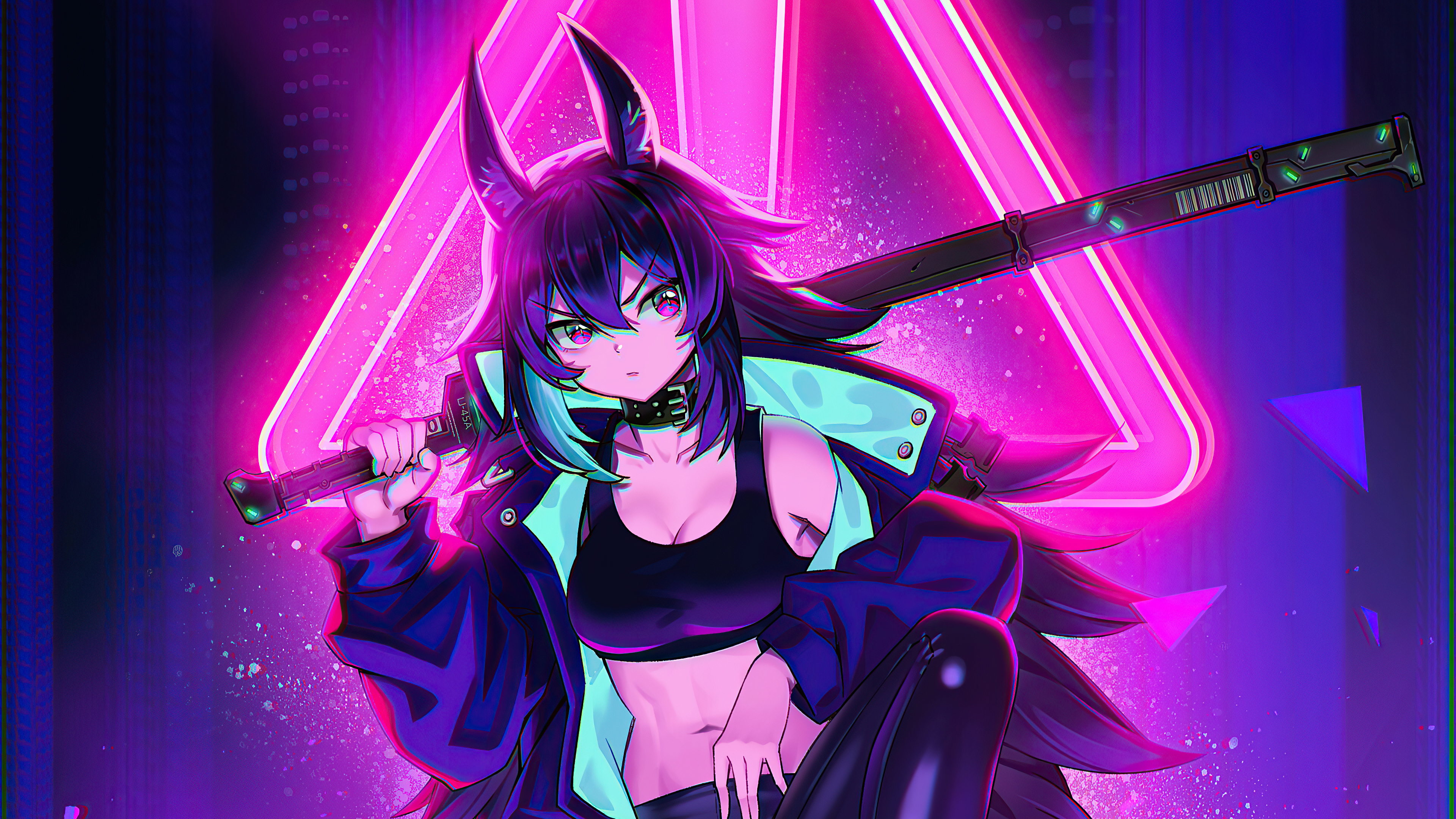 Cyberpunk anime girl with sword and neon lights HD Wallpaper