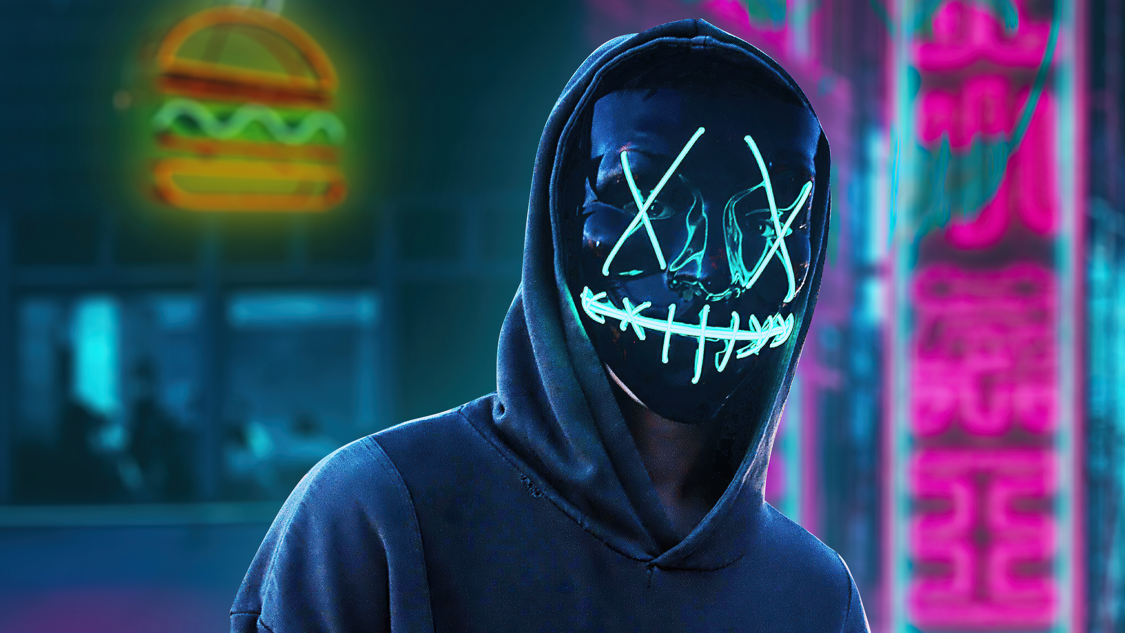 Person in a hoodie wearing a neon mask HD Wallpaper