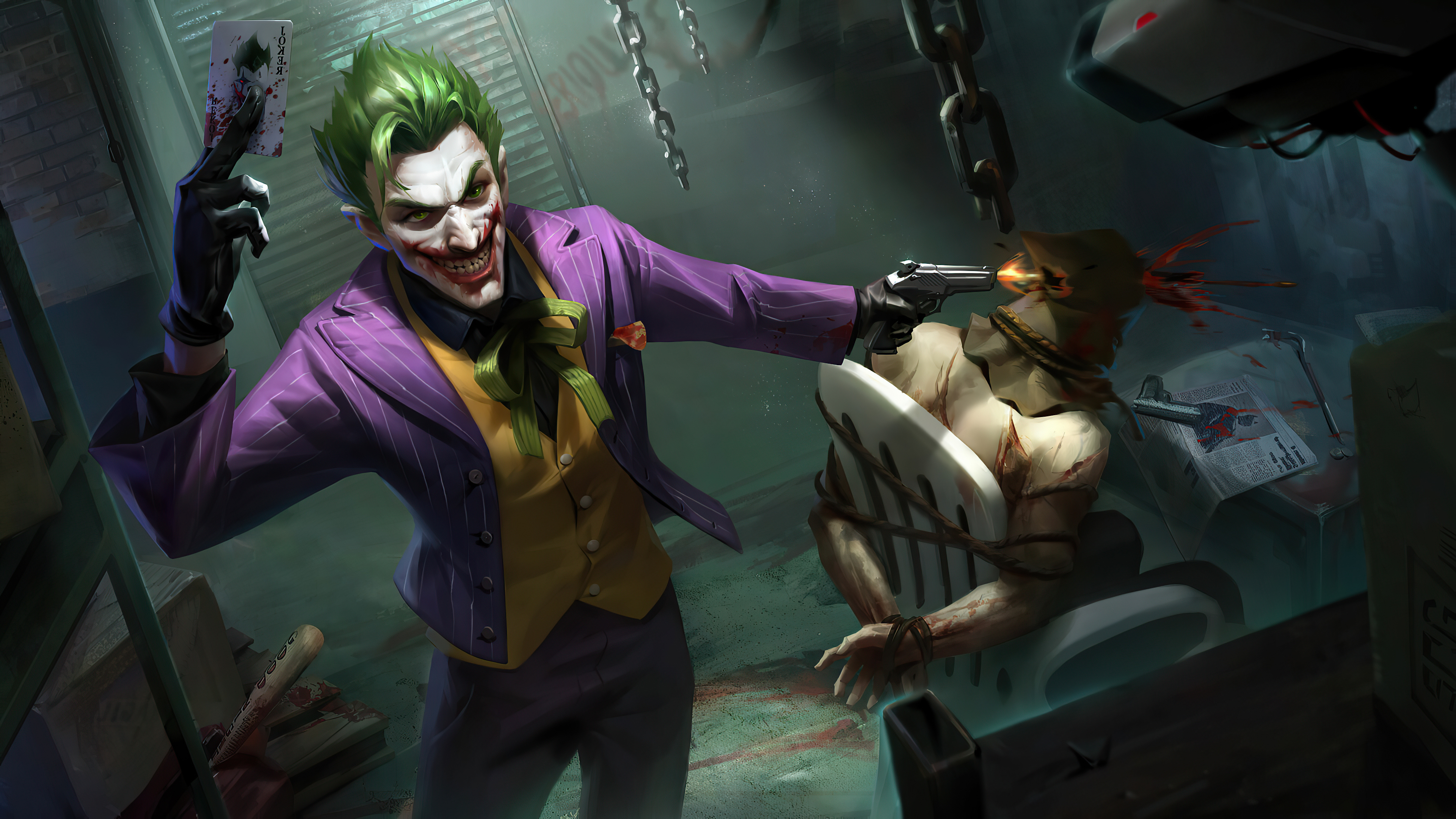 Joker holding a playing card and a gun HD Wallpaper