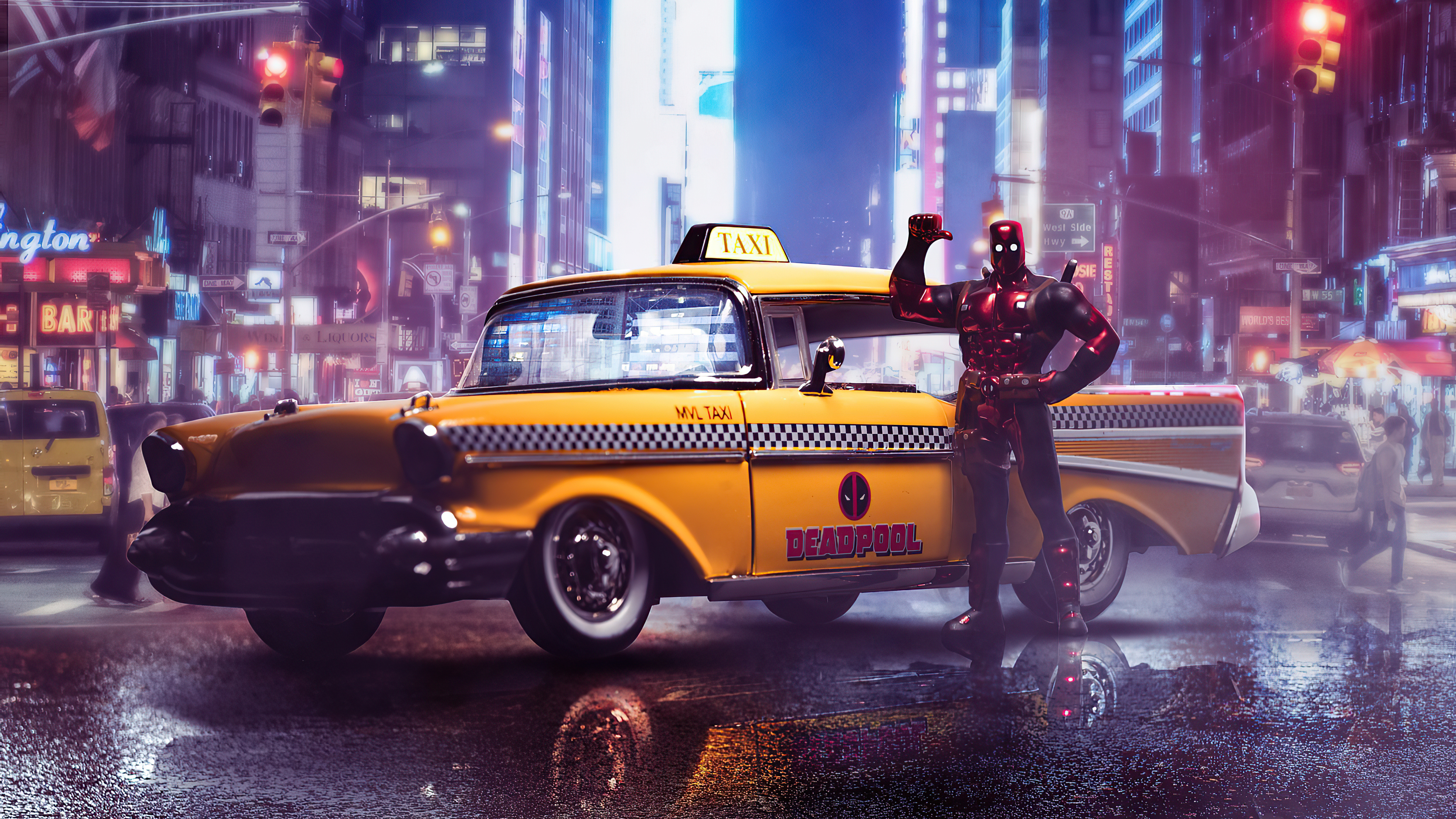 Deadpool with a vintage taxi in New York City 4K HD Wallpaper