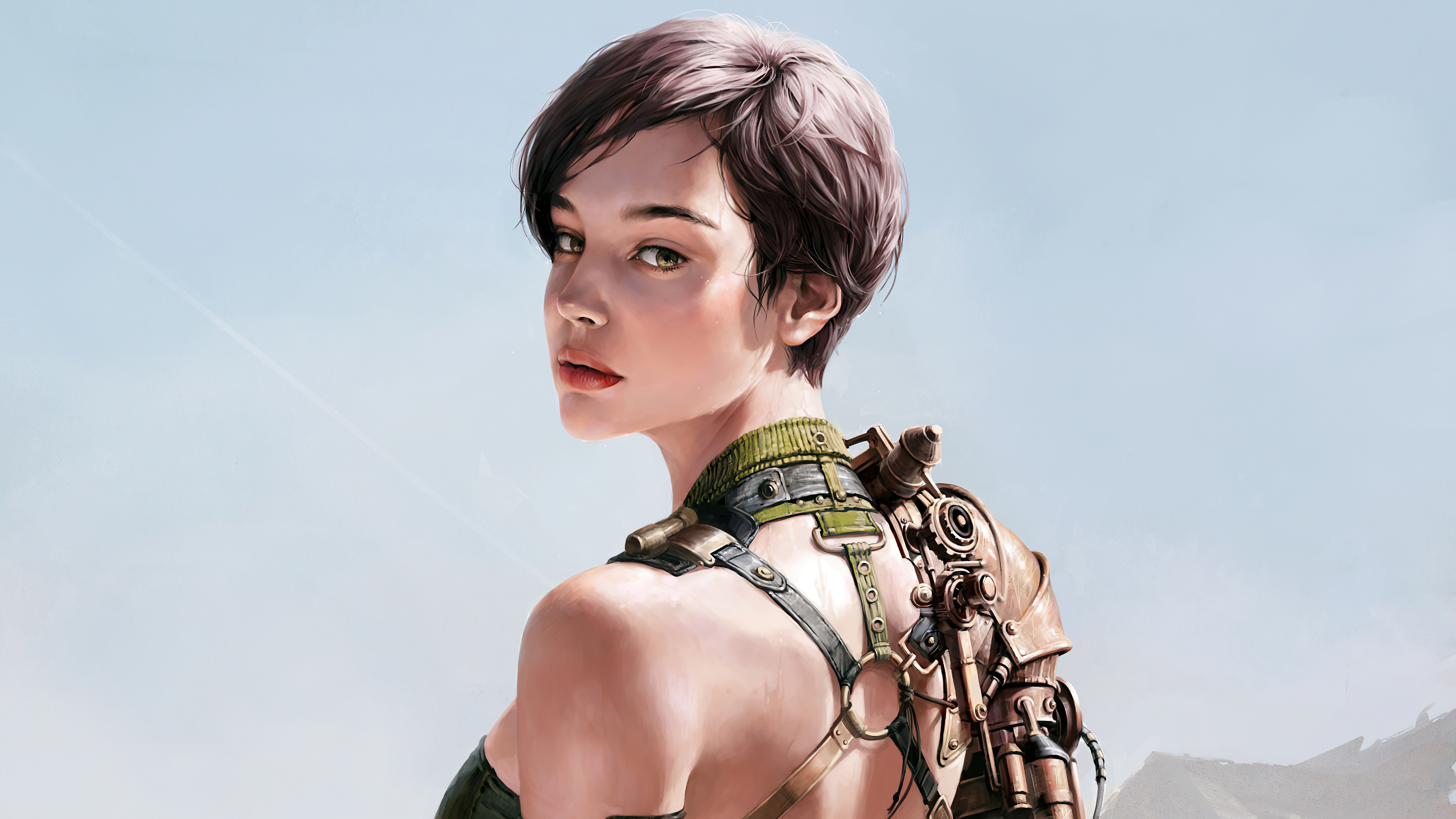 Cyberpunk artwork of a woman with a mechanical arm HD Wallpaper