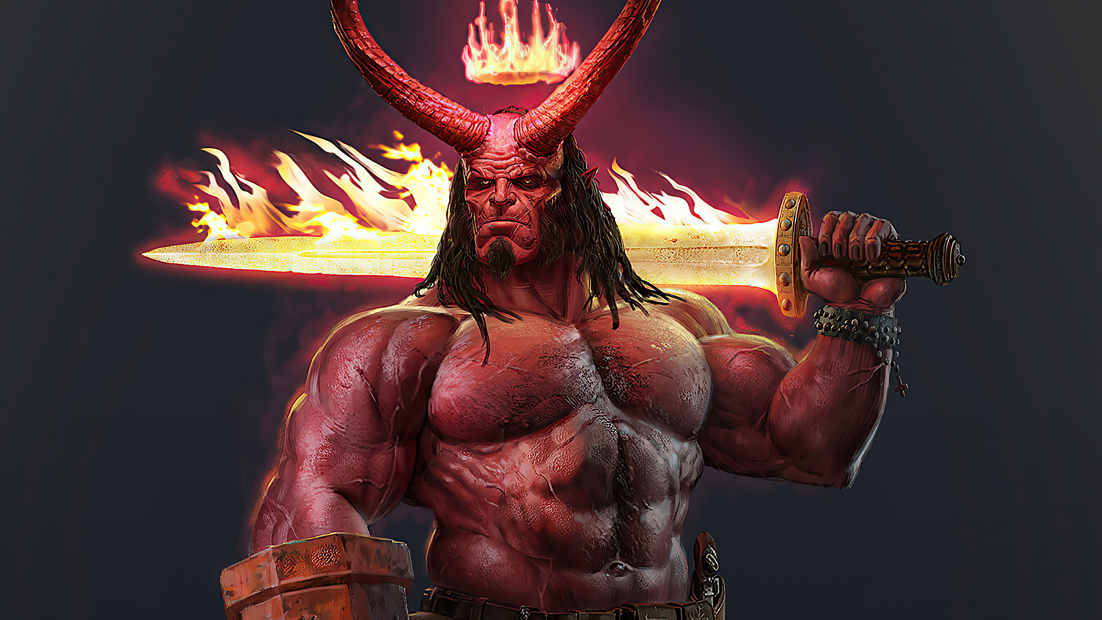 Hellboy with flaming sword artwork 4K HD Wallpaper