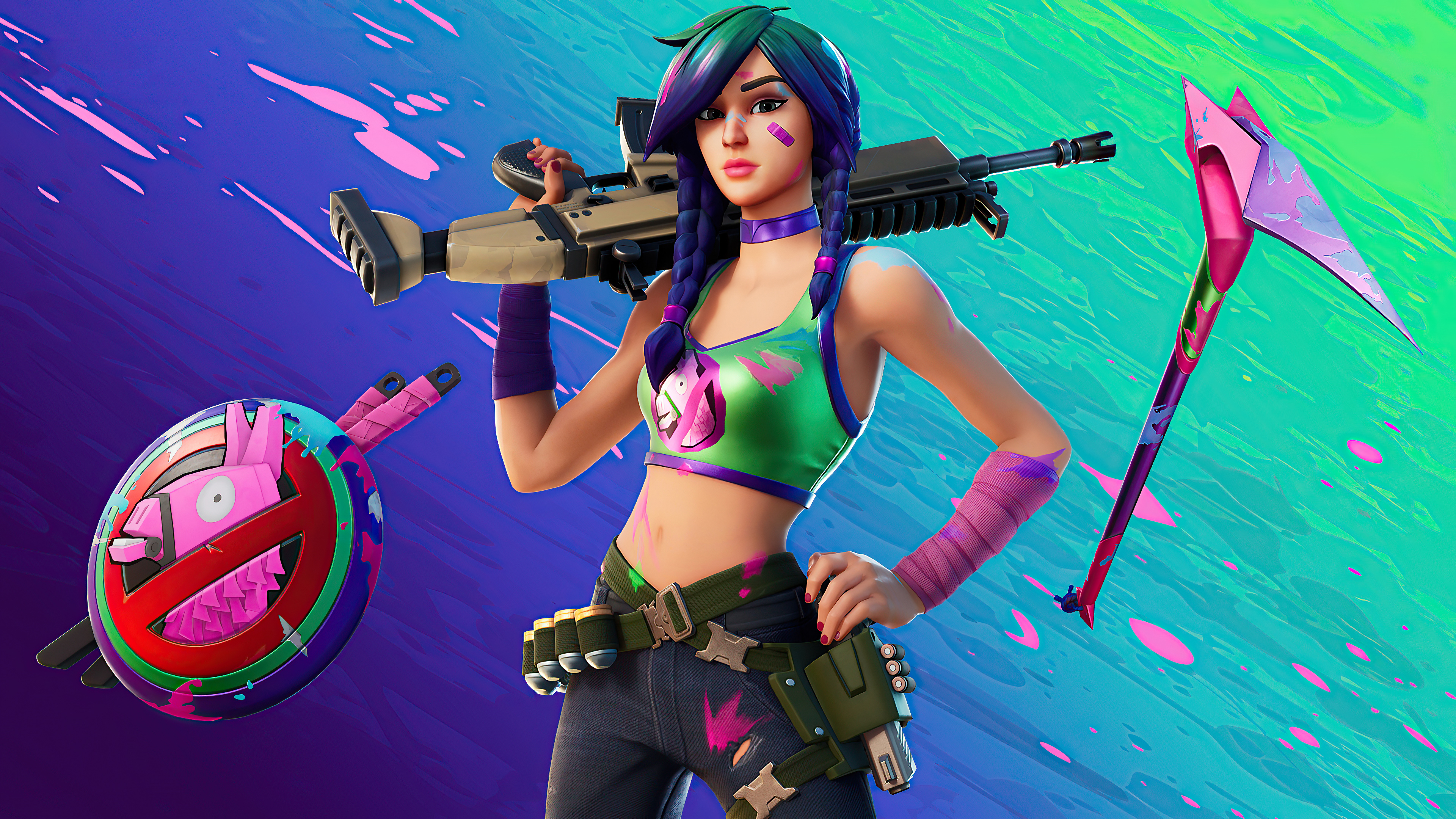 Fortnite character with rifle, pickaxe, and shield HD Wallpaper