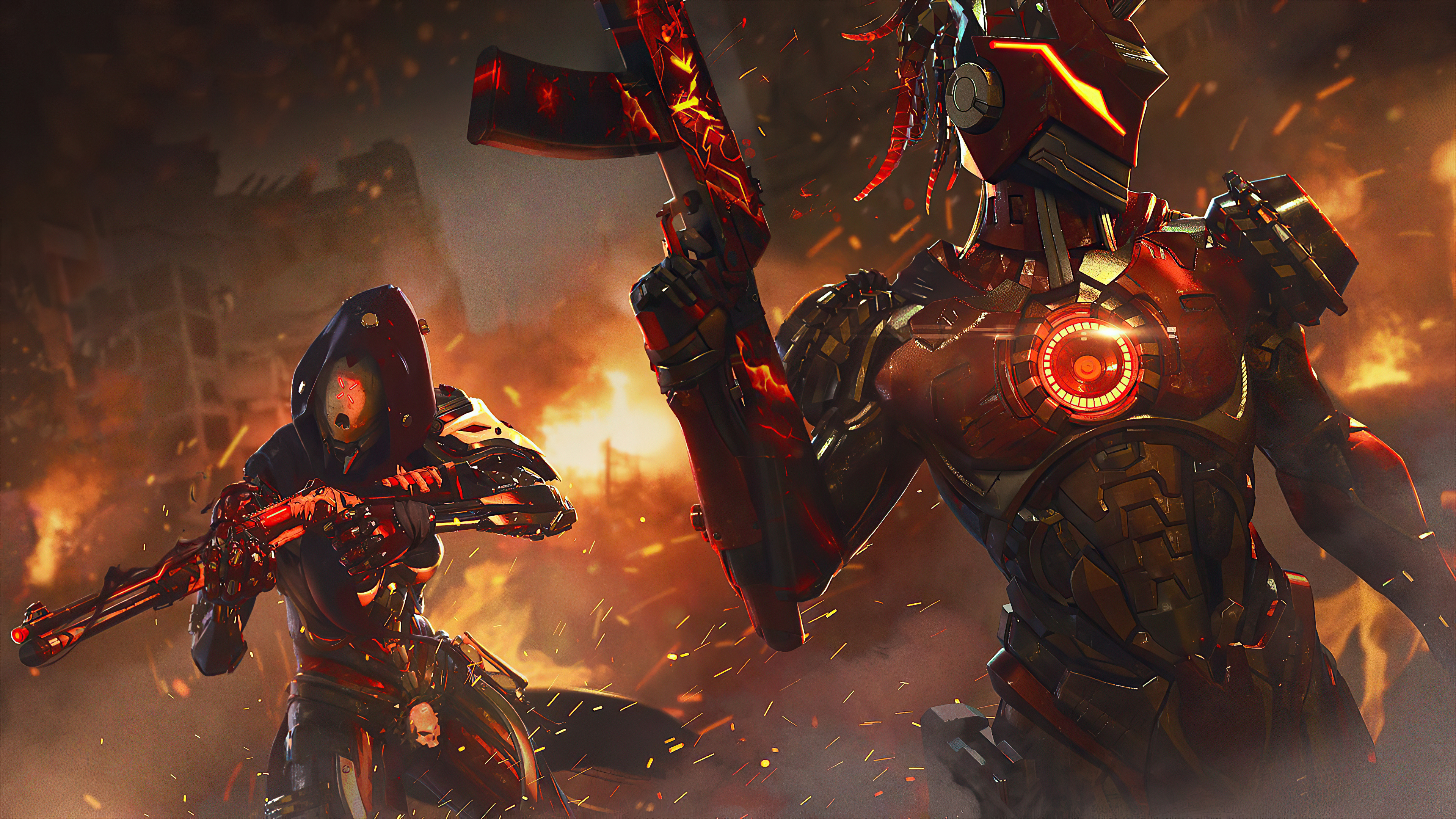 Two armored figures with guns in a fiery battle HD Wallpaper