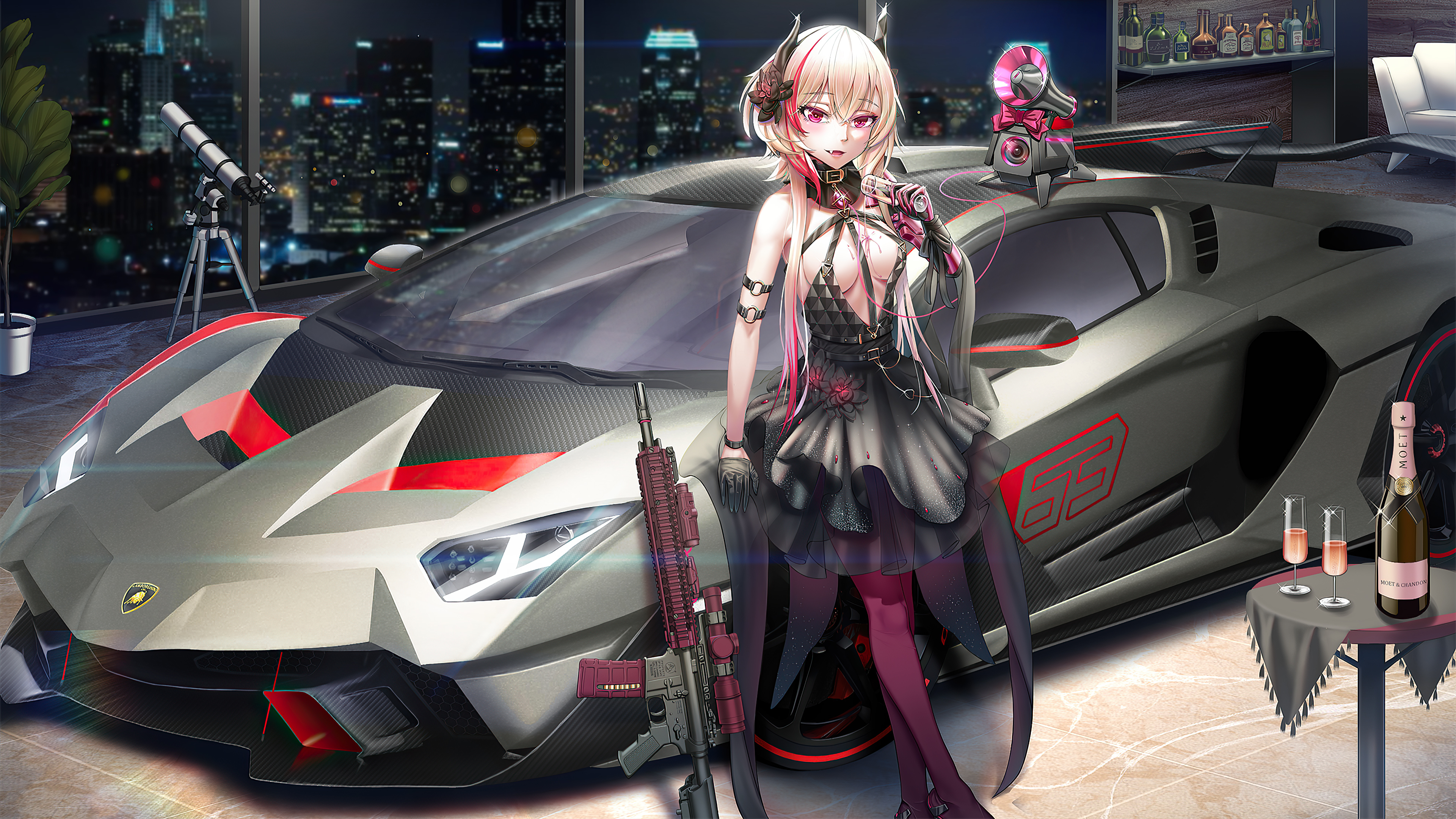 Anime girl with rifle and Lamborghini HD Wallpaper
