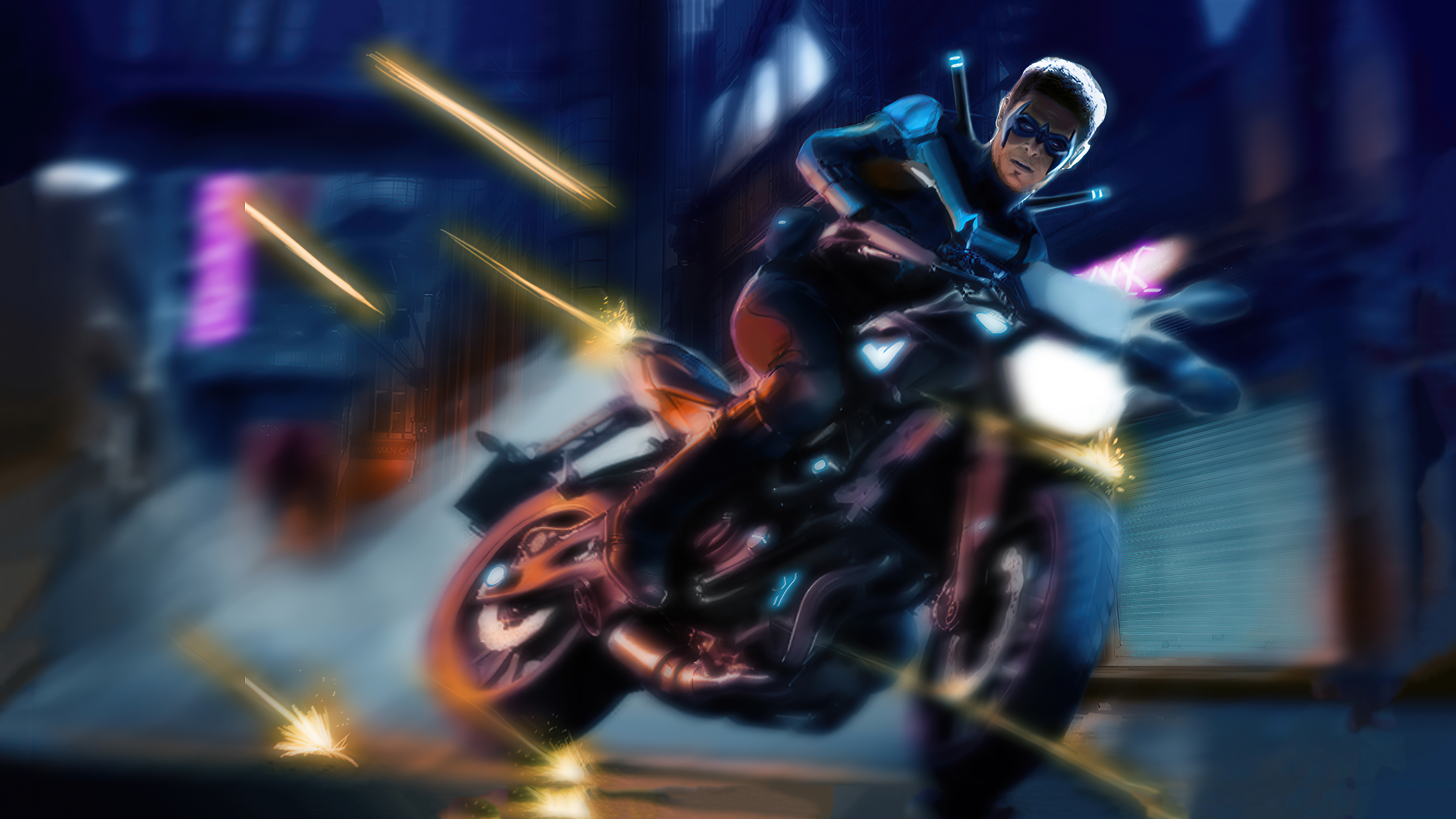 Nightwing on a motorcycle in a city HD Wallpaper