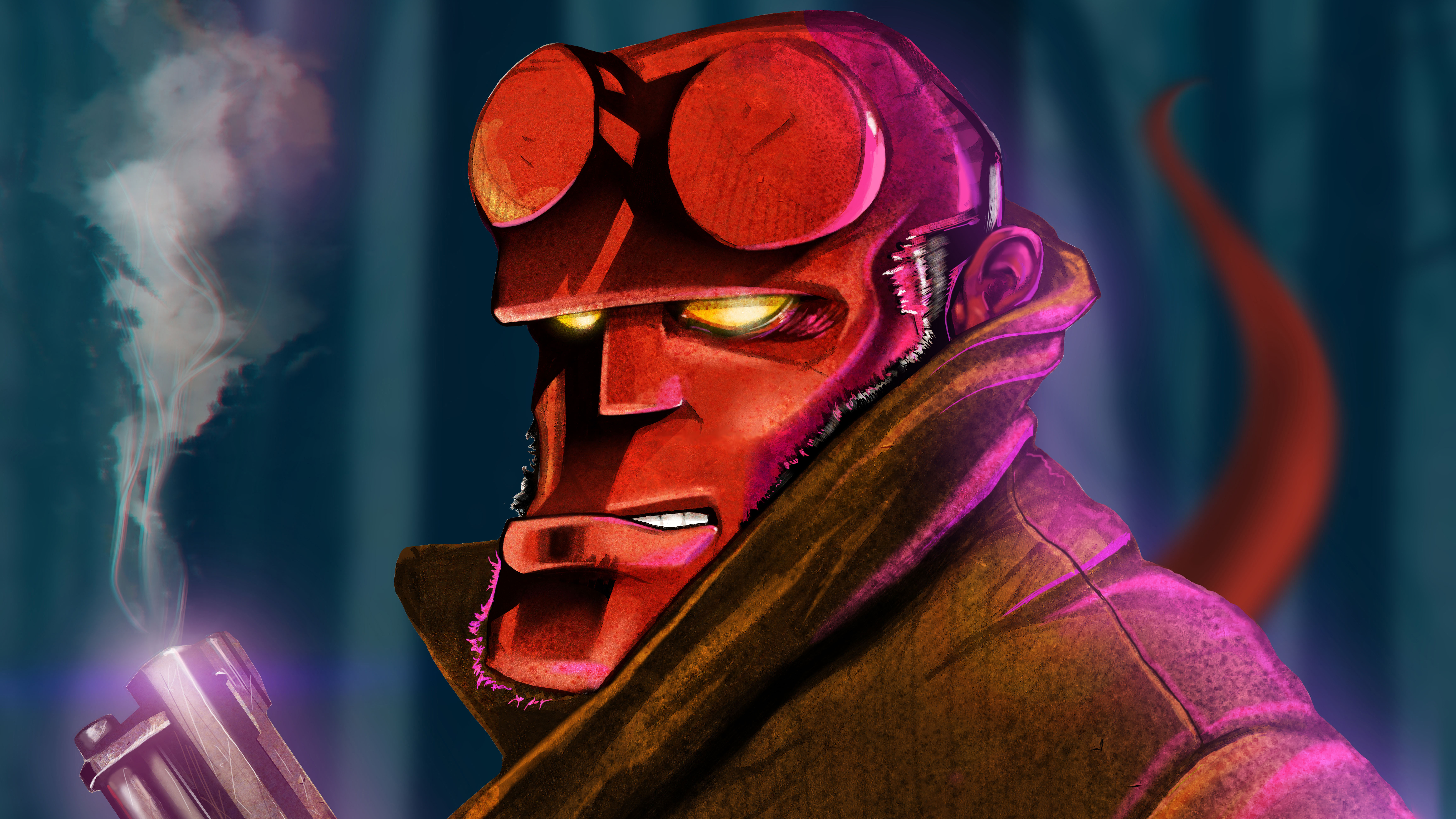 Hellboy with gun and smoke HD Wallpaper