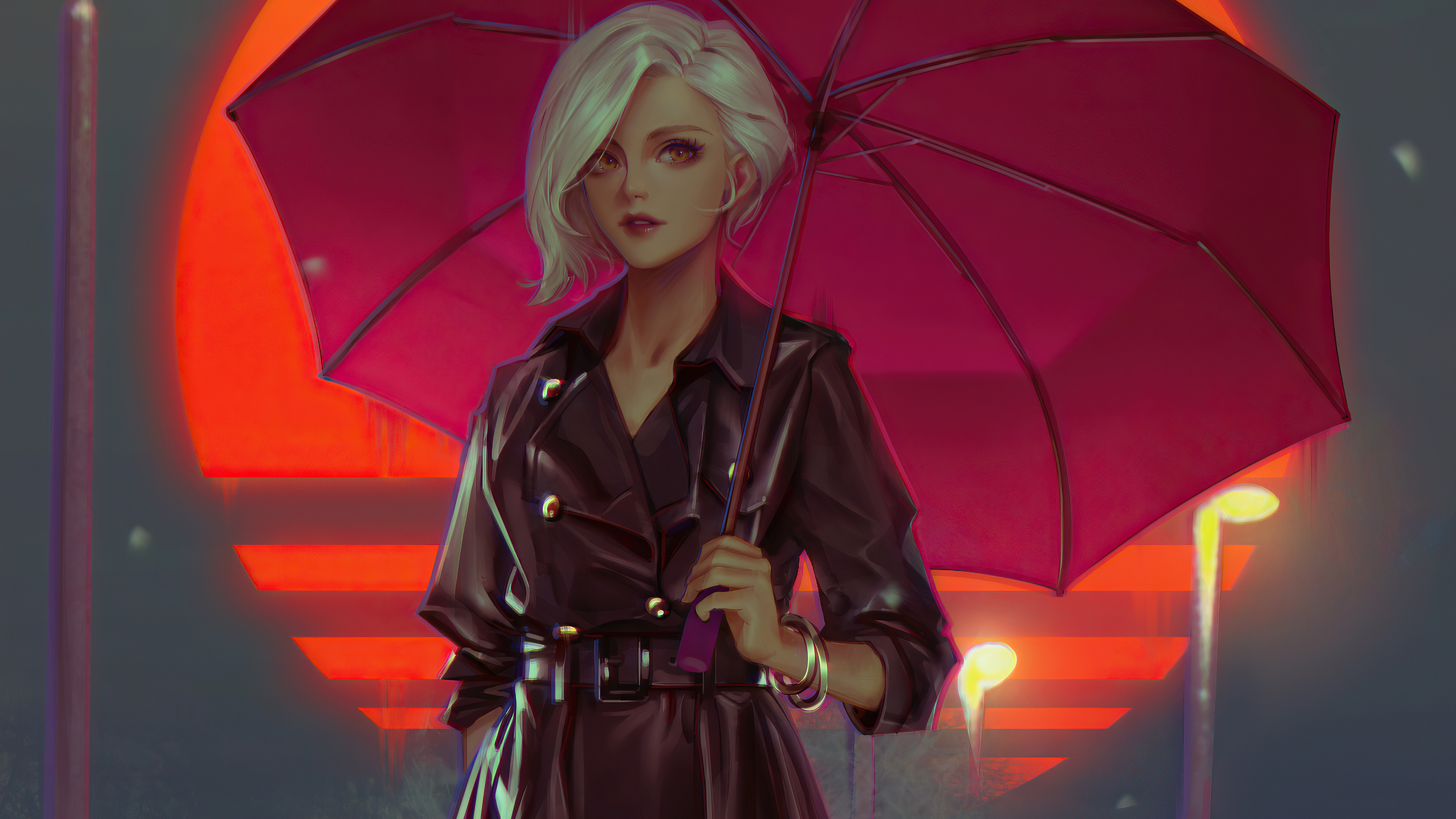 Woman with red umbrella in front of sunset HD Wallpaper