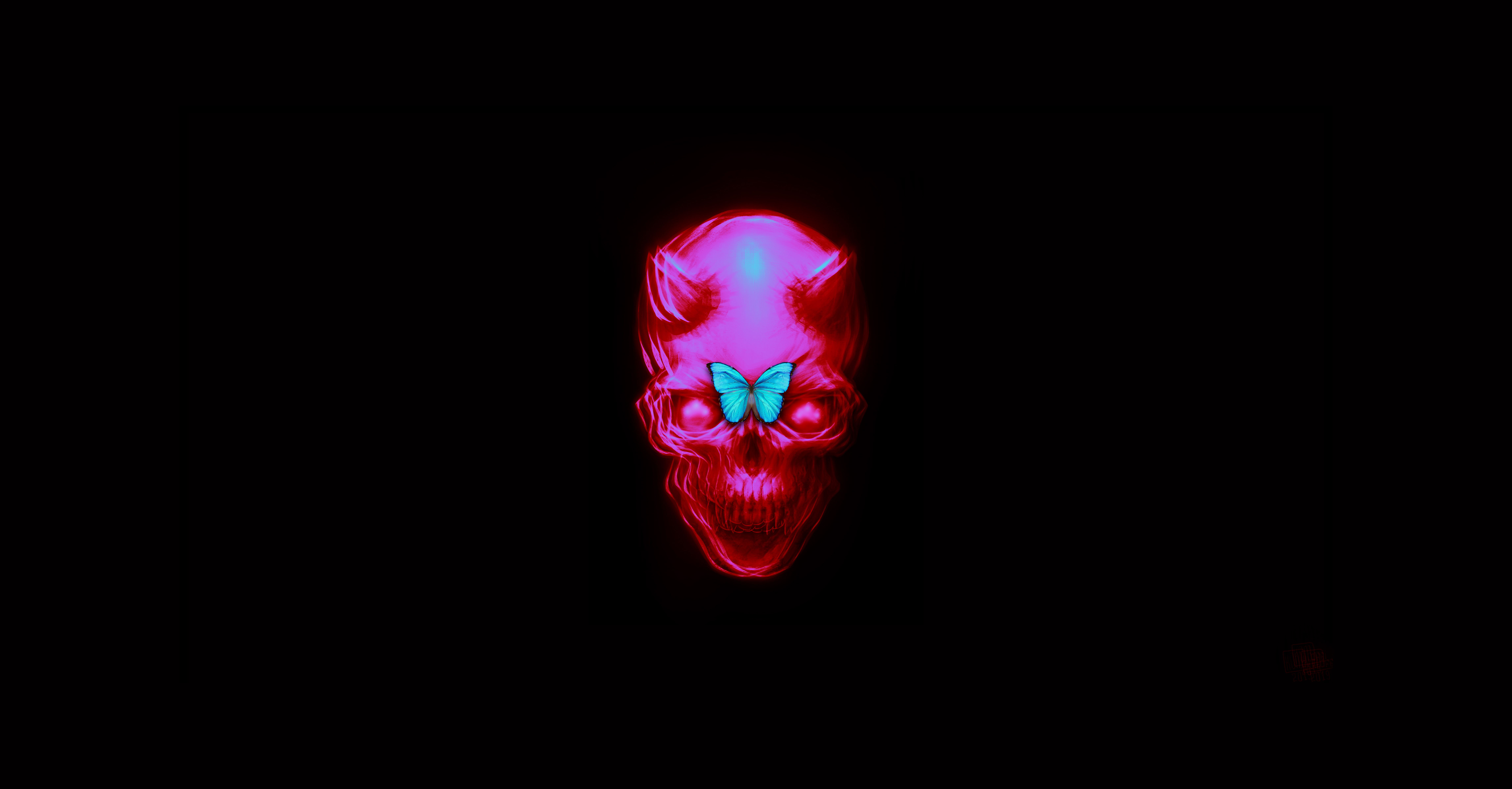 Red Skull with Blue Butterfly and Horns HD Wallpaper