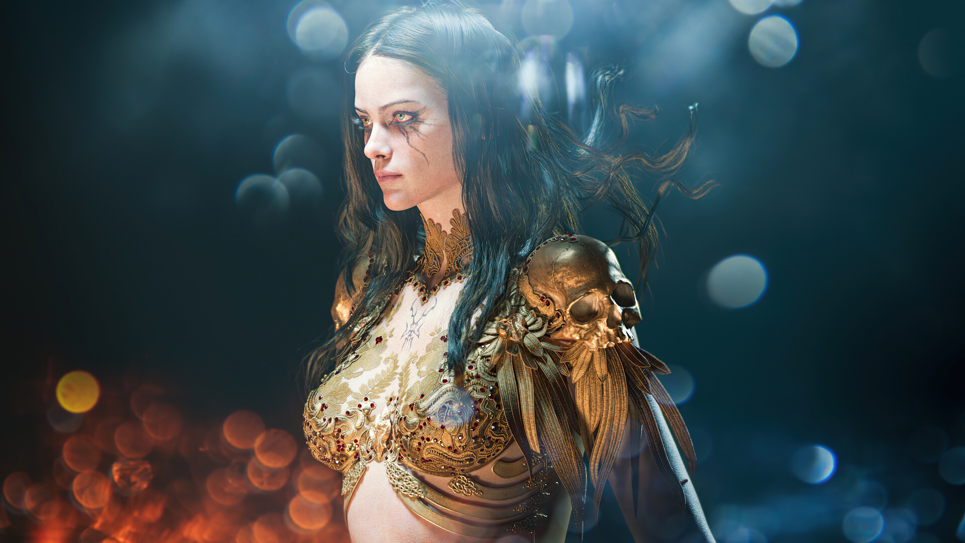 Woman with skull shoulder armor HD Wallpaper