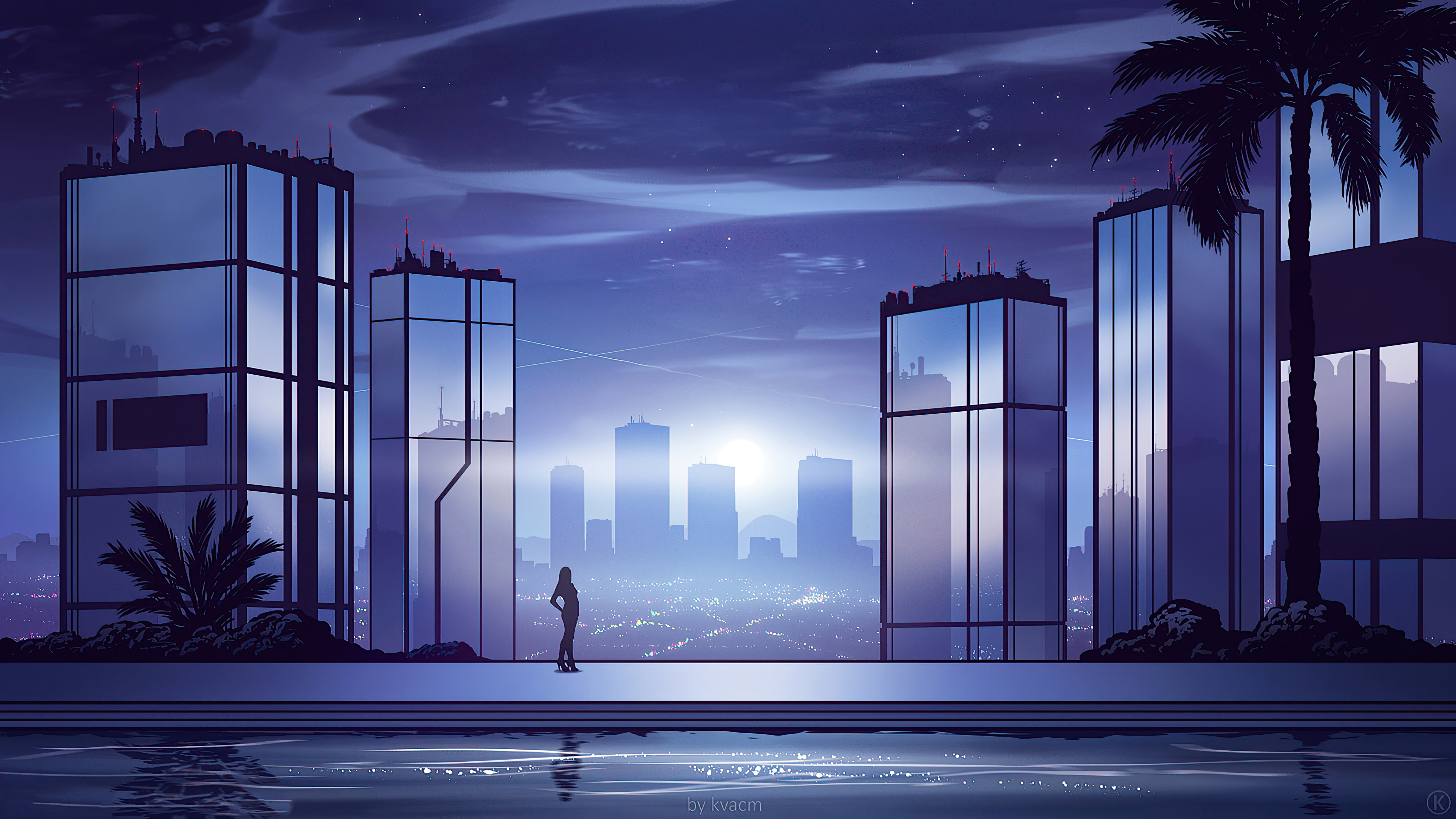 Digital Art Cityscape with Silhouette HD Wallpaper