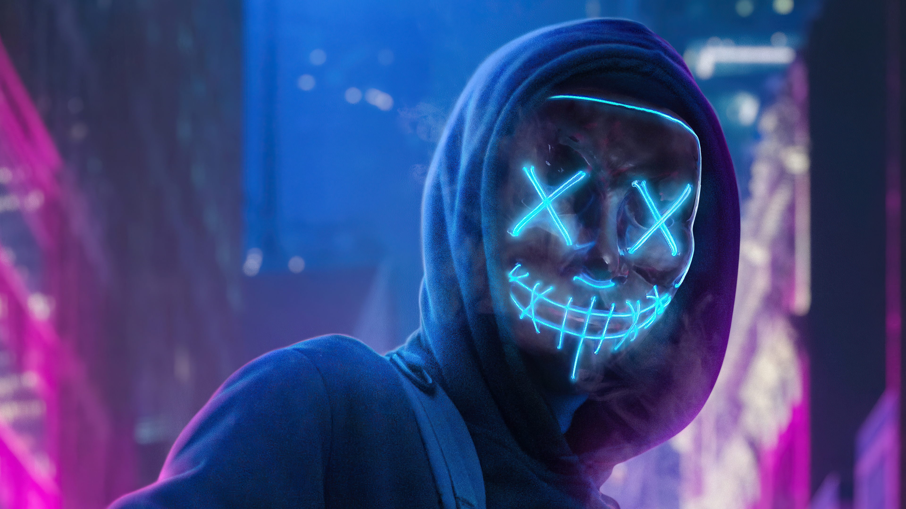 Person in a neon Purge mask and hoodie HD Wallpaper