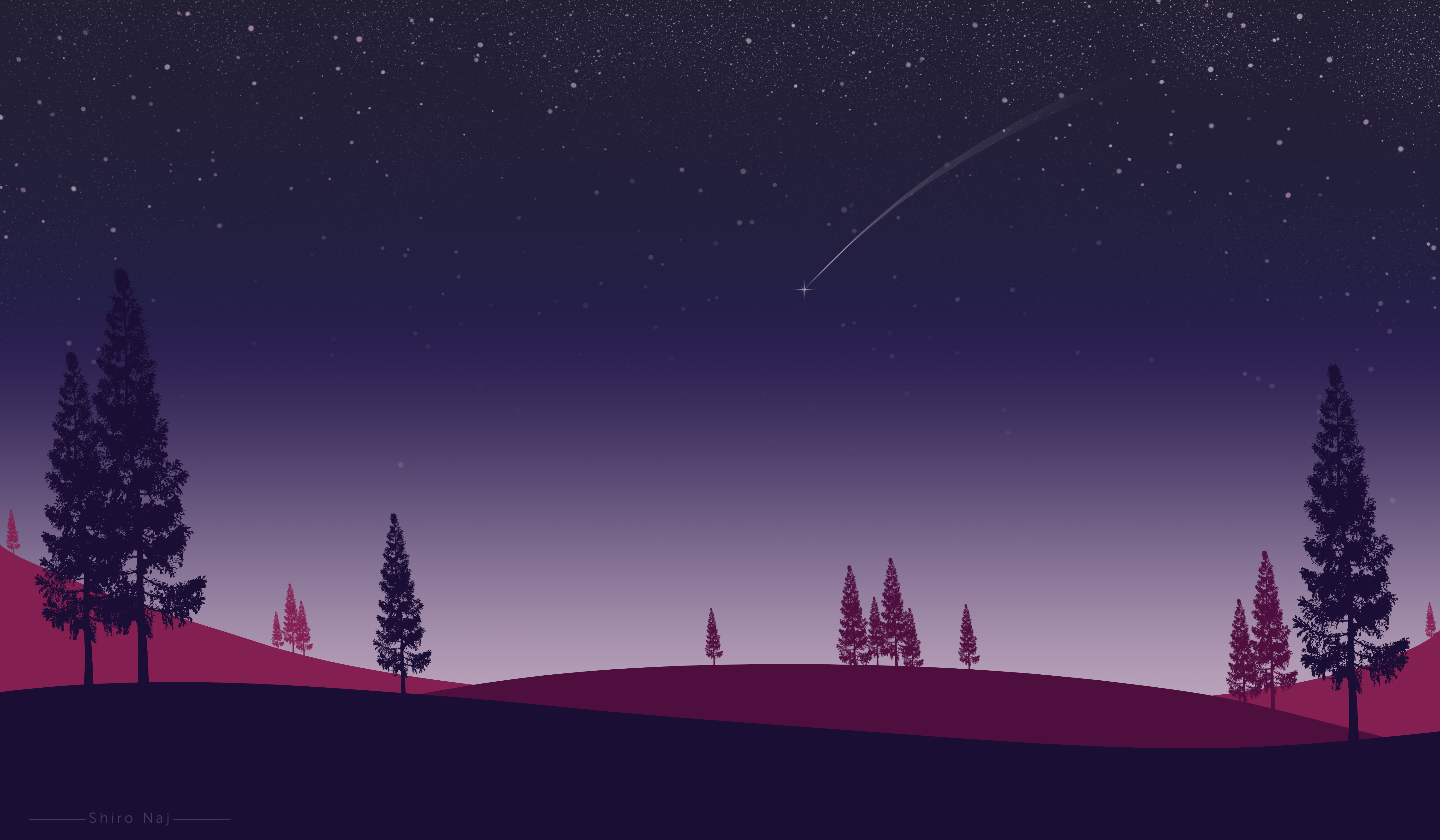 Minimalist landscape with trees and shooting star HD Wallpaper