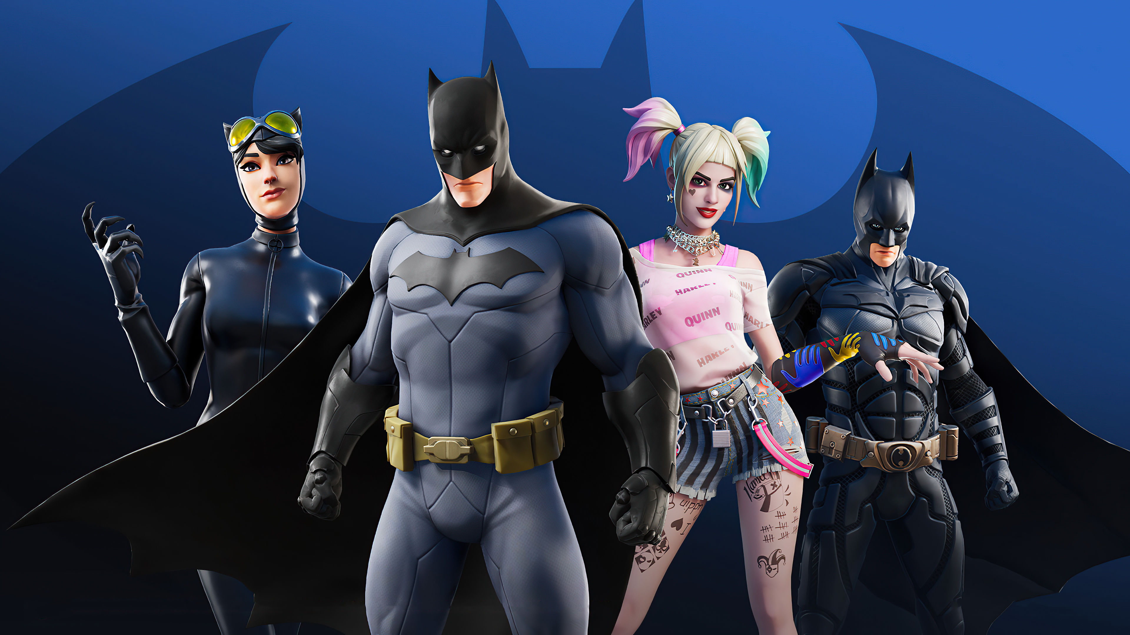 Catwoman, Batman, and Harley Quinn from Fortnite HD Wallpaper