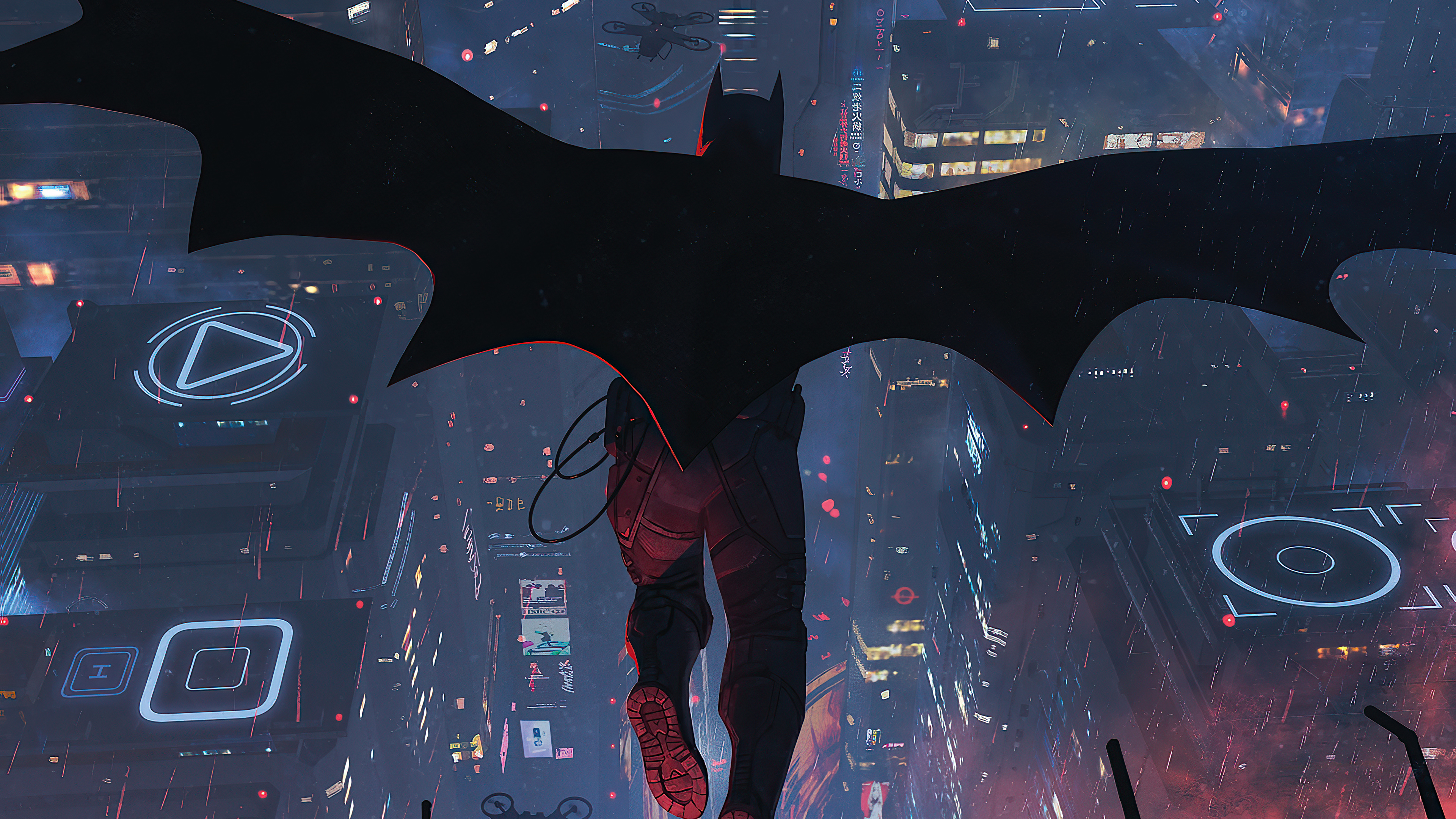 Batman flying over a futuristic city 4K HD Wallpaper