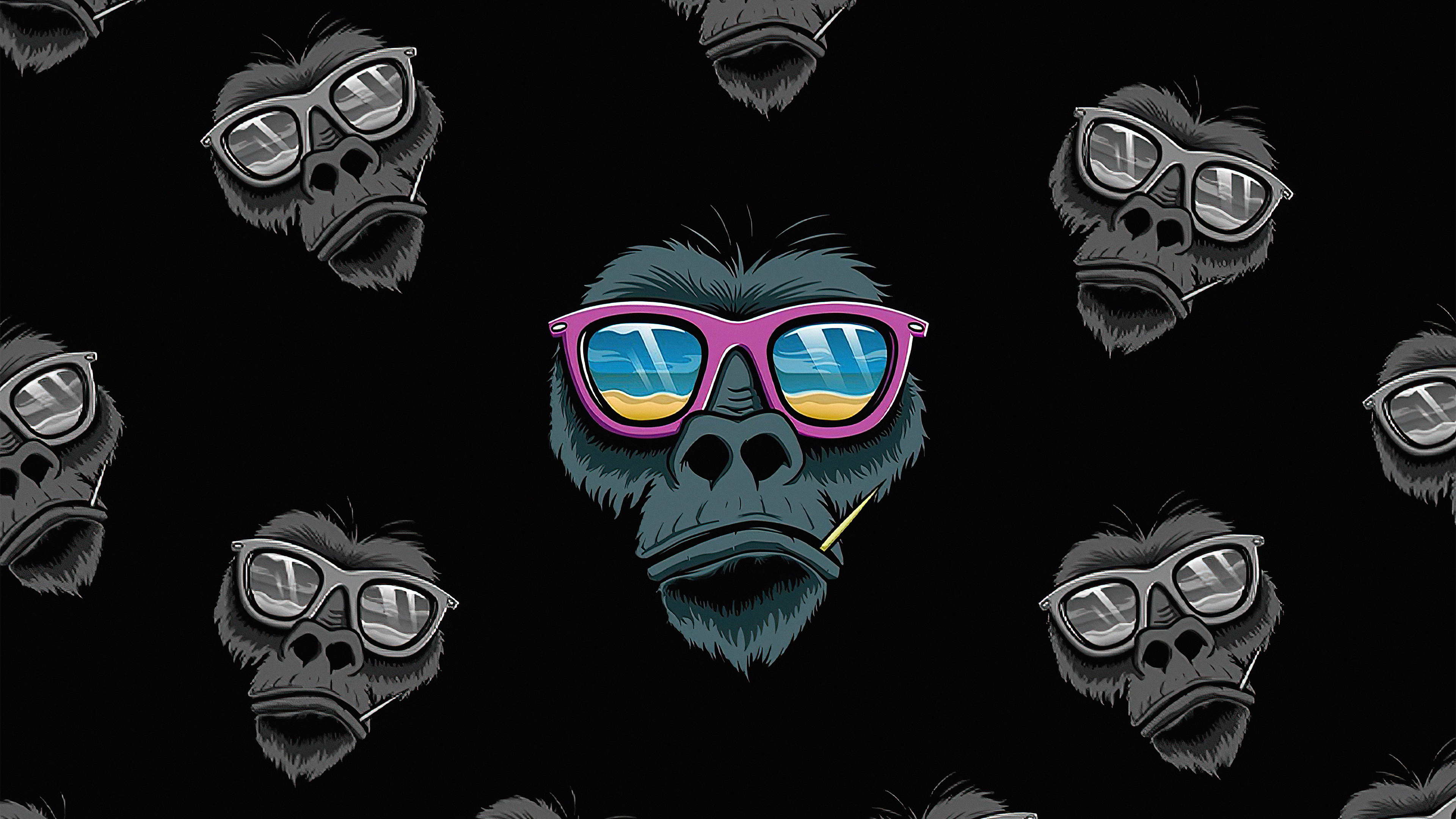 Gorilla wearing sunglasses with beach reflection HD Wallpaper