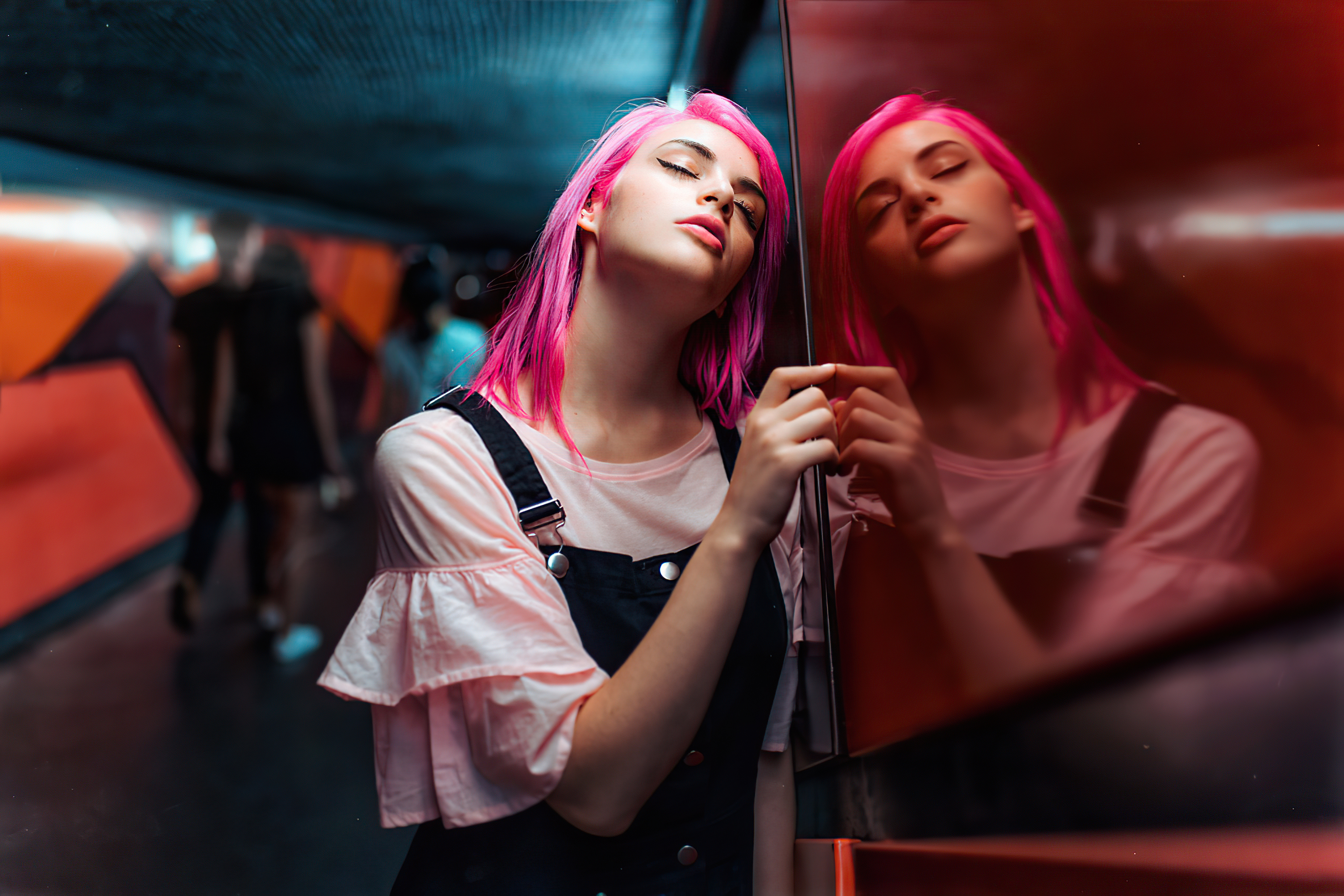 Girl with pink hair in overalls HD Wallpaper