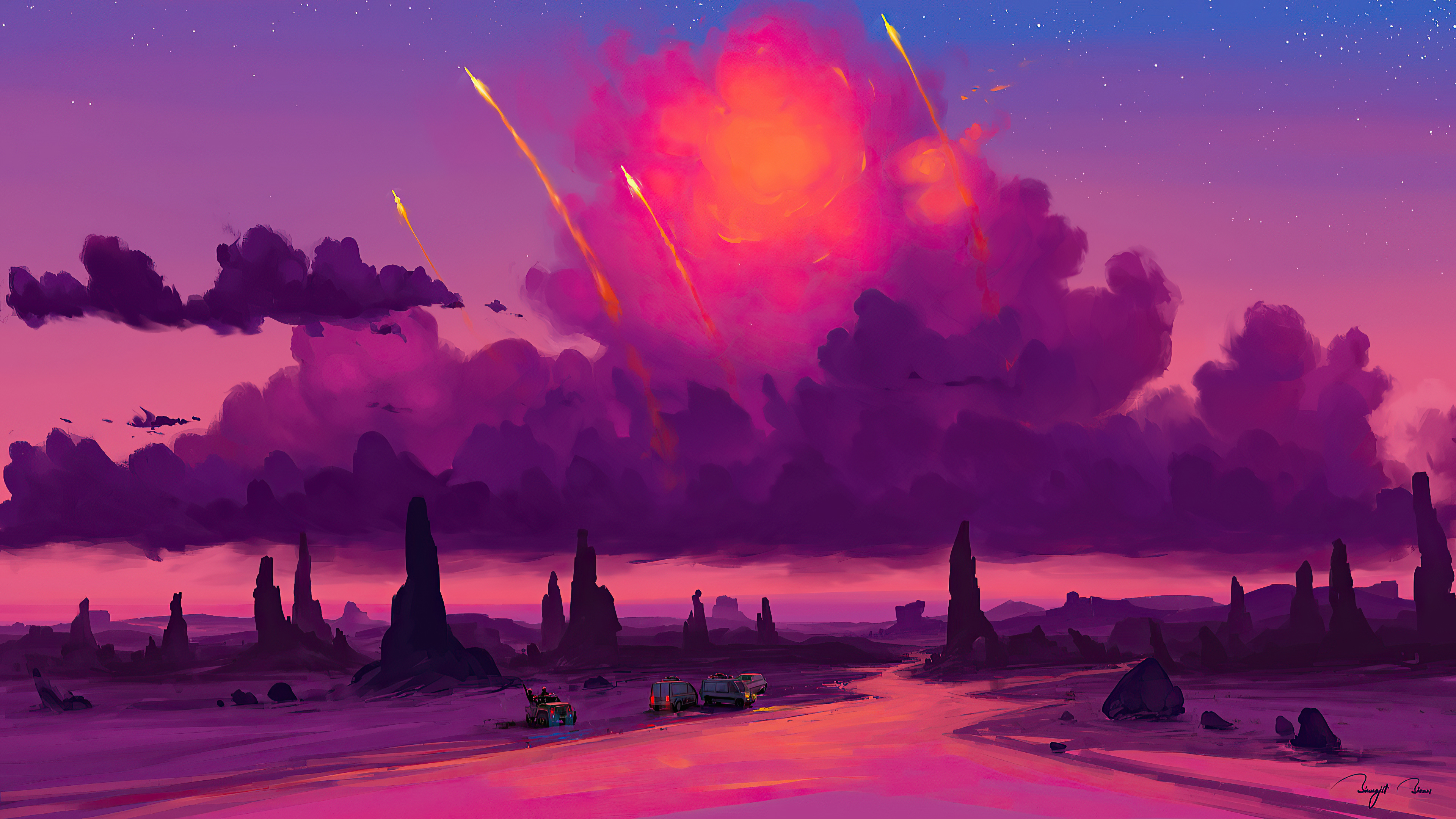 Alien landscape with meteors and spacecraft HD Wallpaper