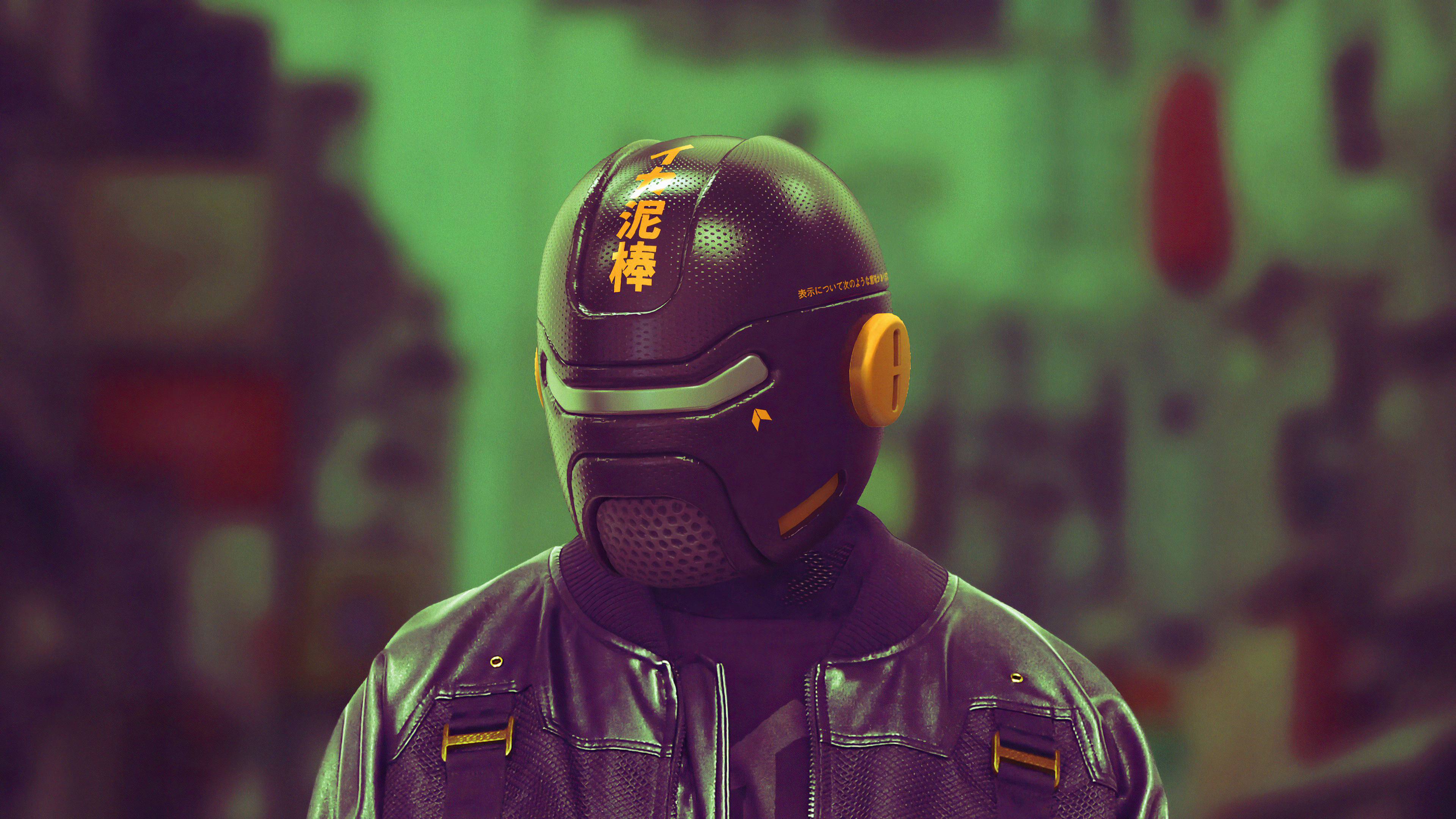 Cyberpunk helmet with Japanese text HD Wallpaper