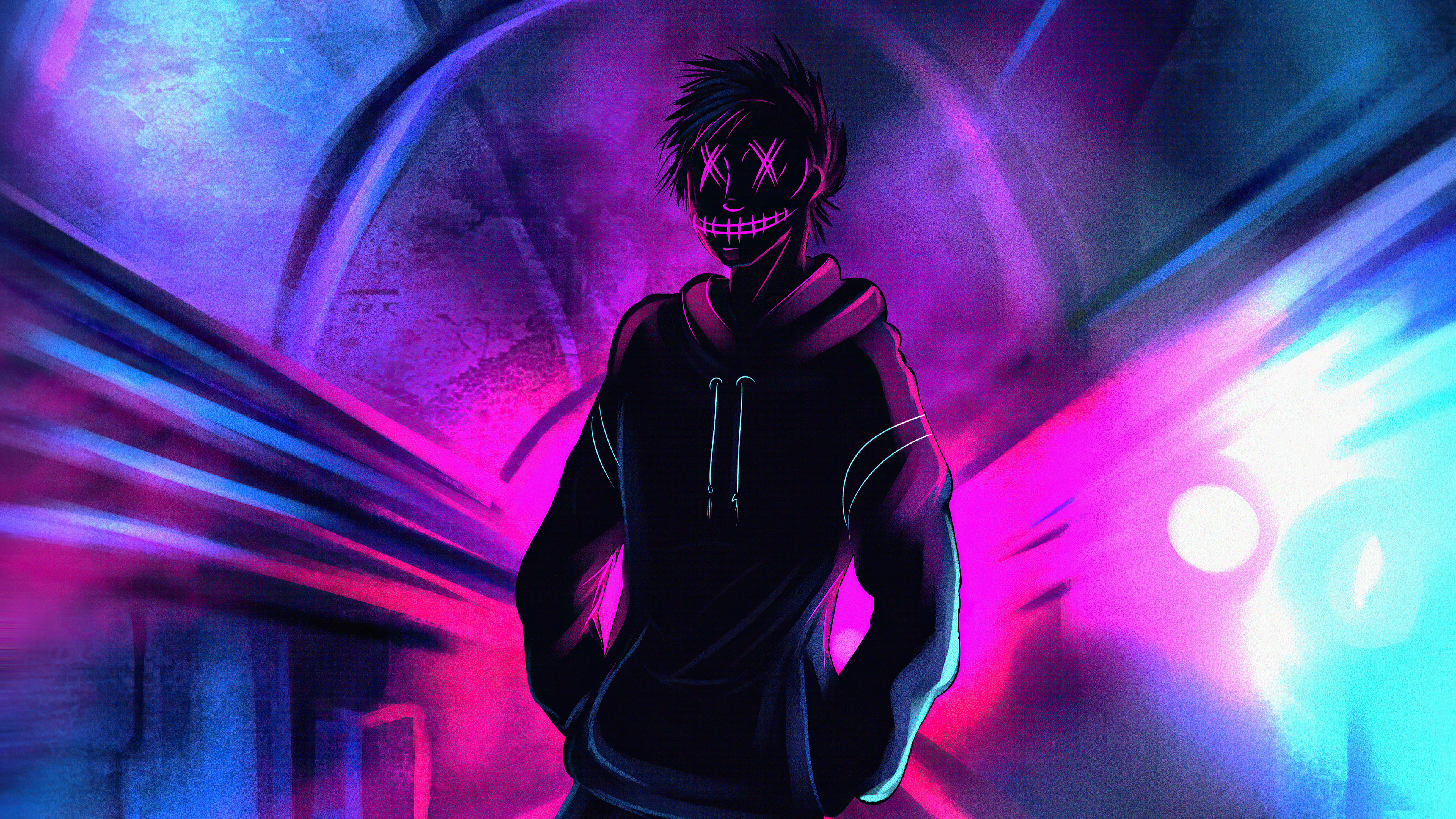 Man with mask in neon tunnel HD Wallpaper