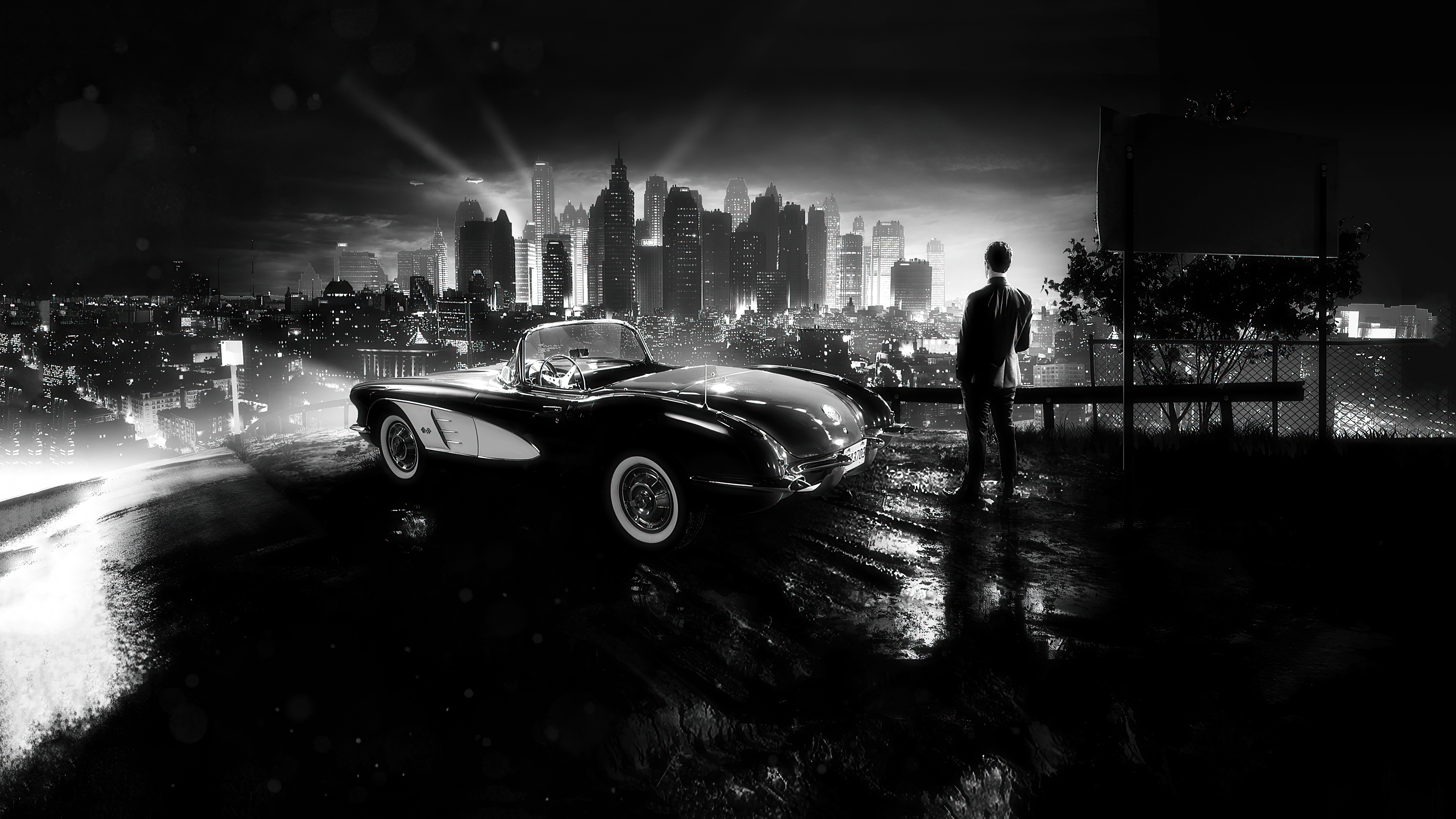 Black and white artwork of a man and a classic car overlooking a city HD Wallpaper