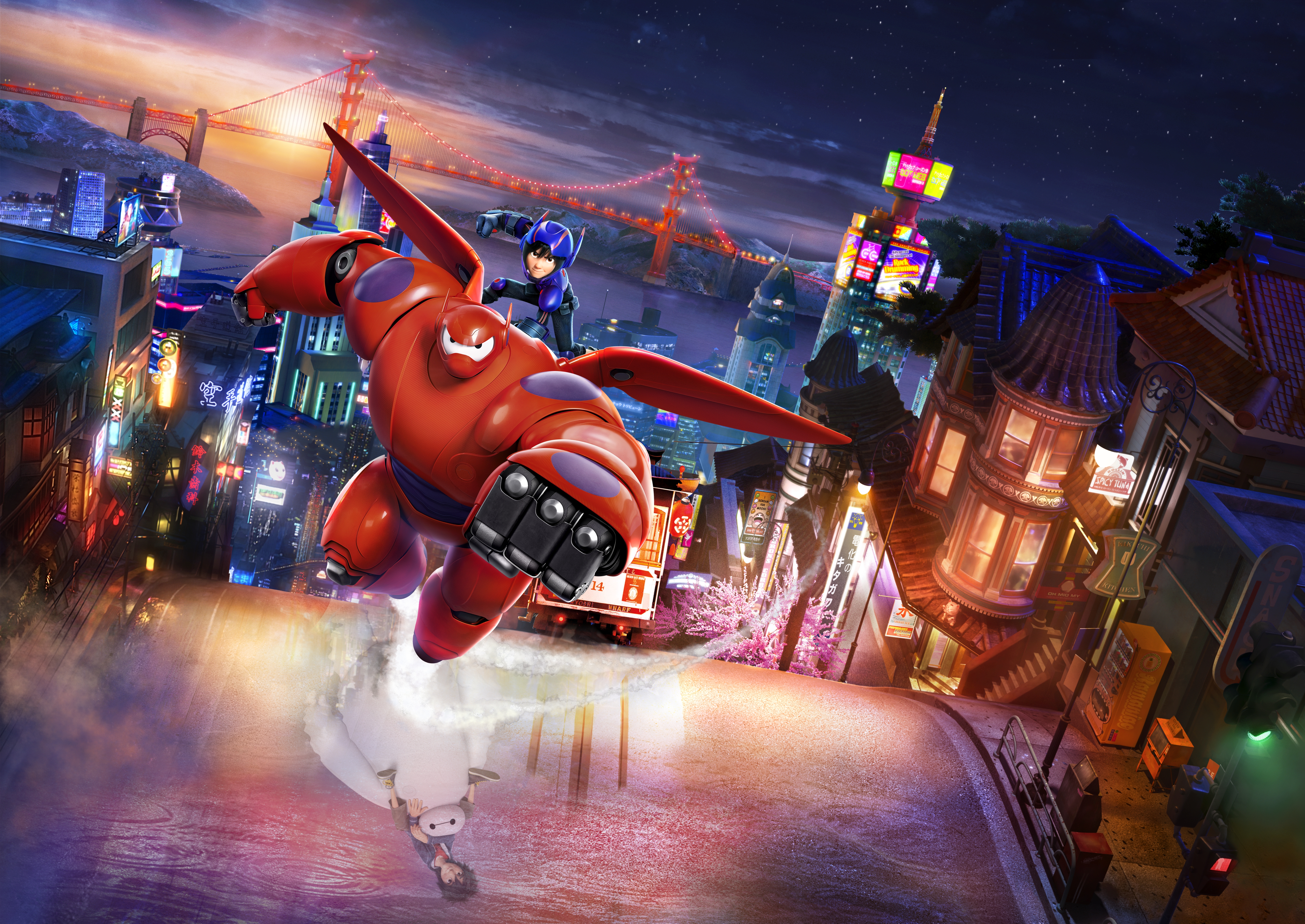 Baymax and Hiro from Big Hero 6 flying over San Fransokyo HD Wallpaper