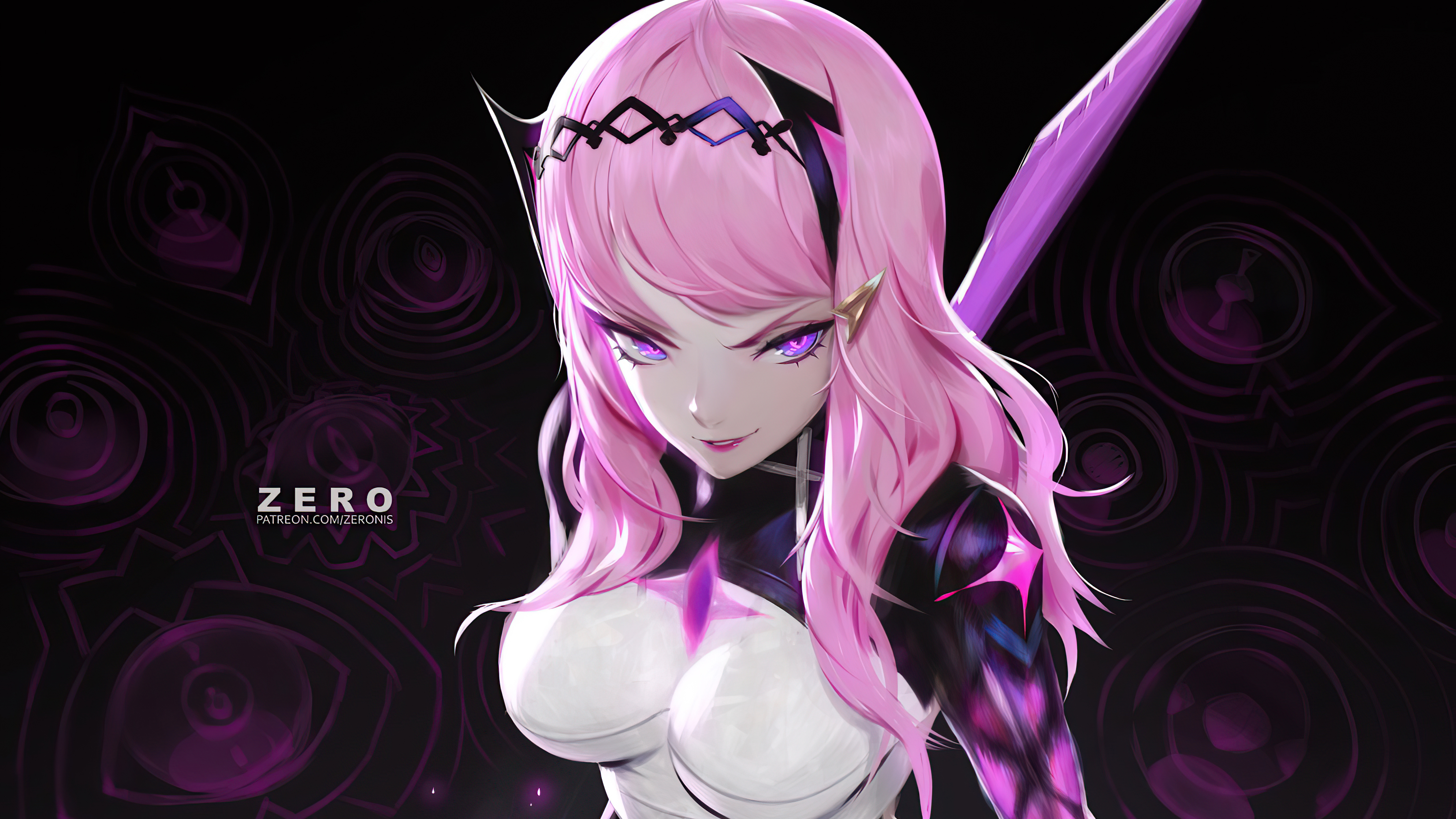 Zero with pink hair and purple eyes holding a sword HD Wallpaper