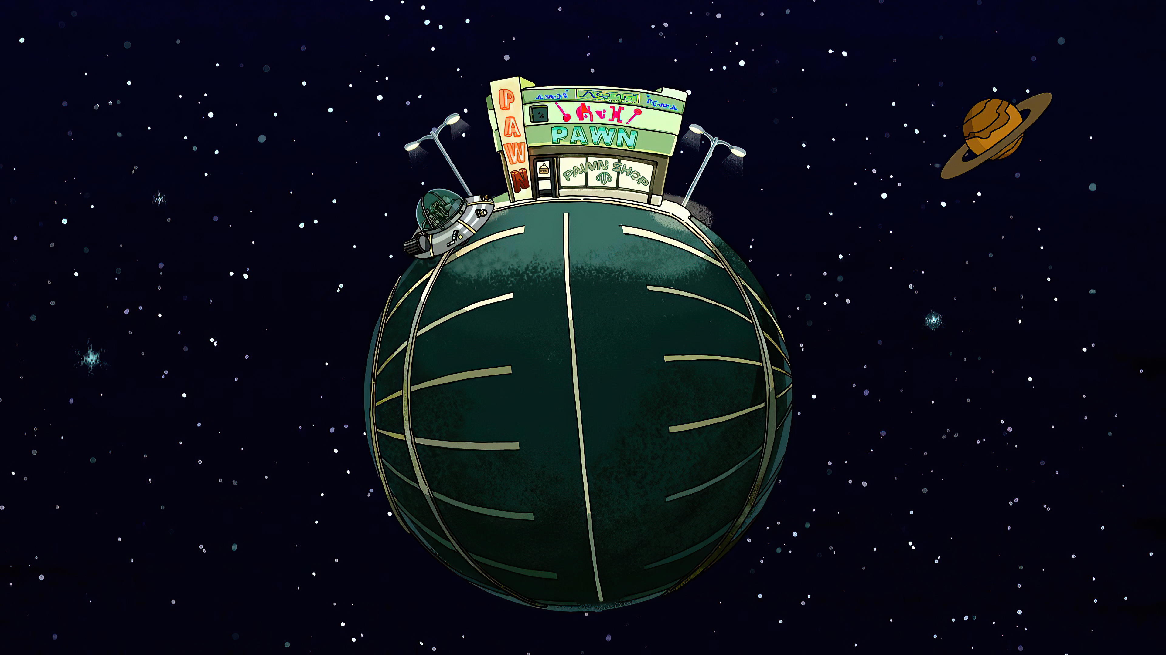 Rick and Morty pawn shop planet in space 4K HD Wallpaper