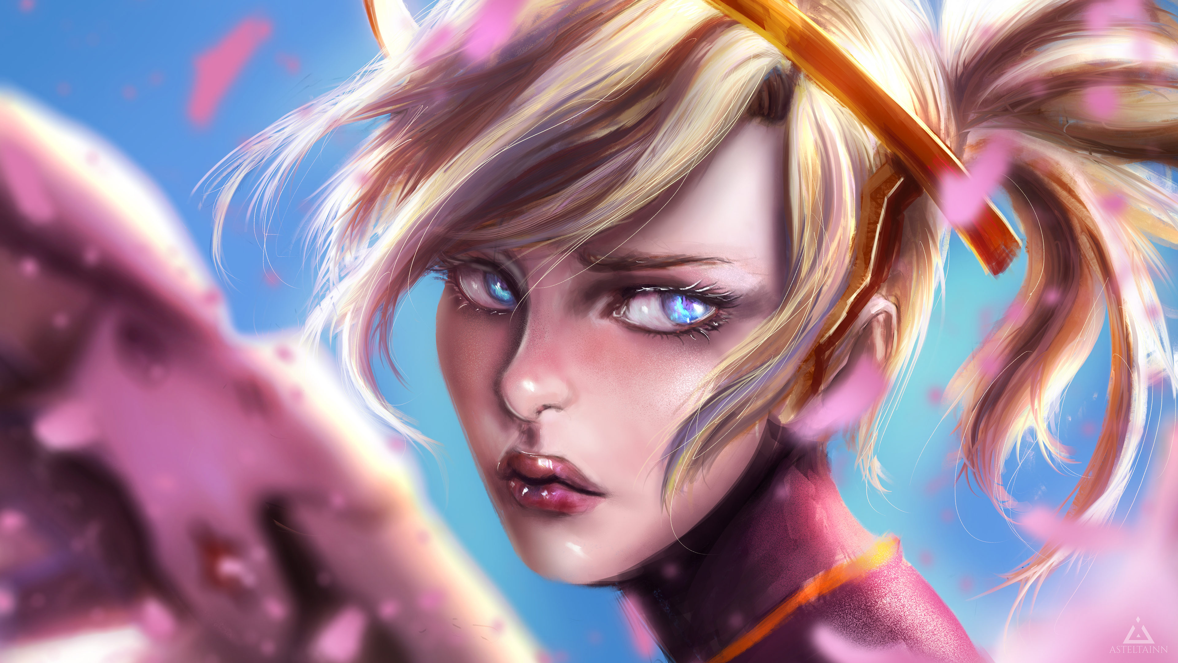 Mercy from Overwatch with pink petals HD Wallpaper