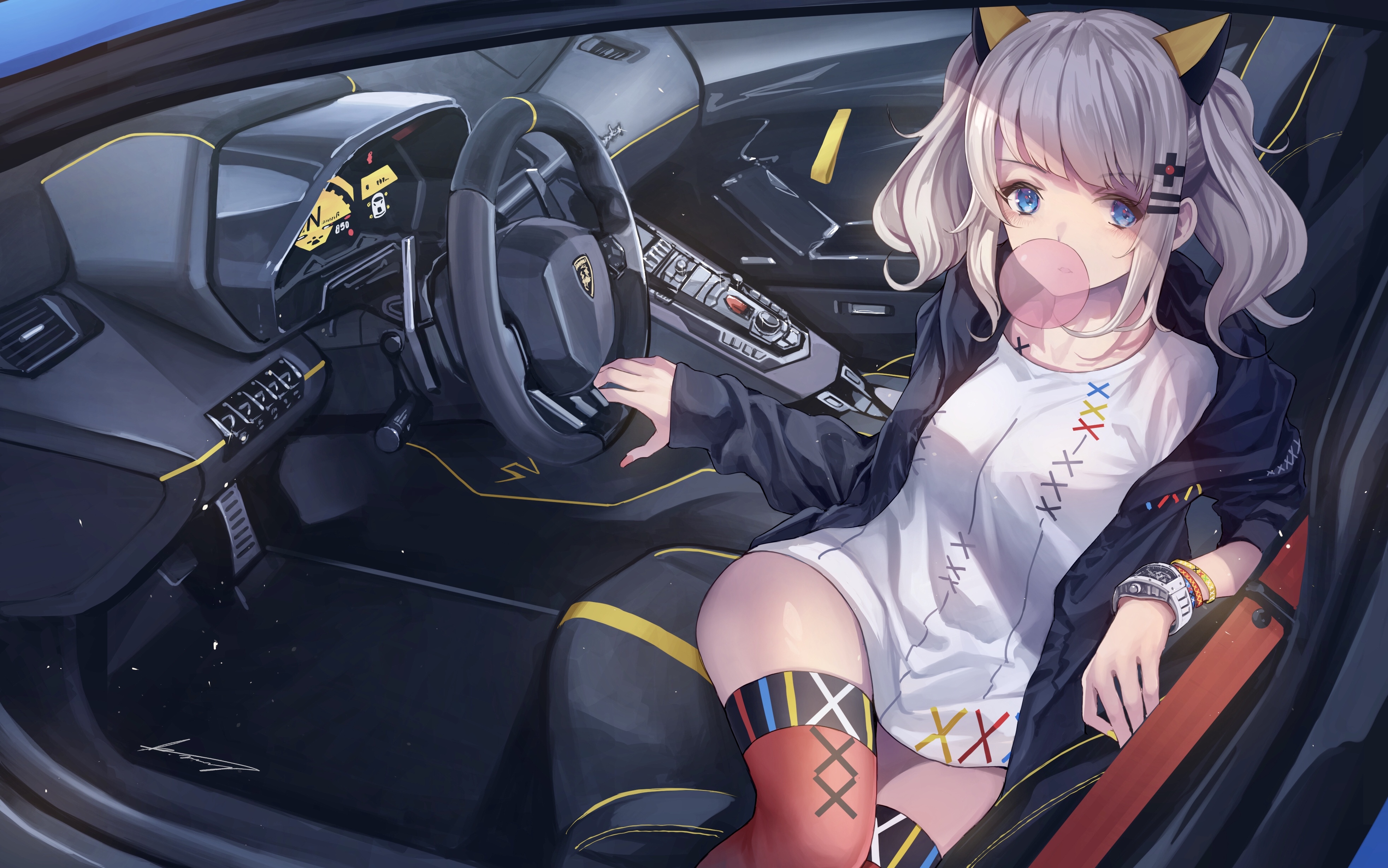Anime girl in a Lamborghini HD Wallpaper
