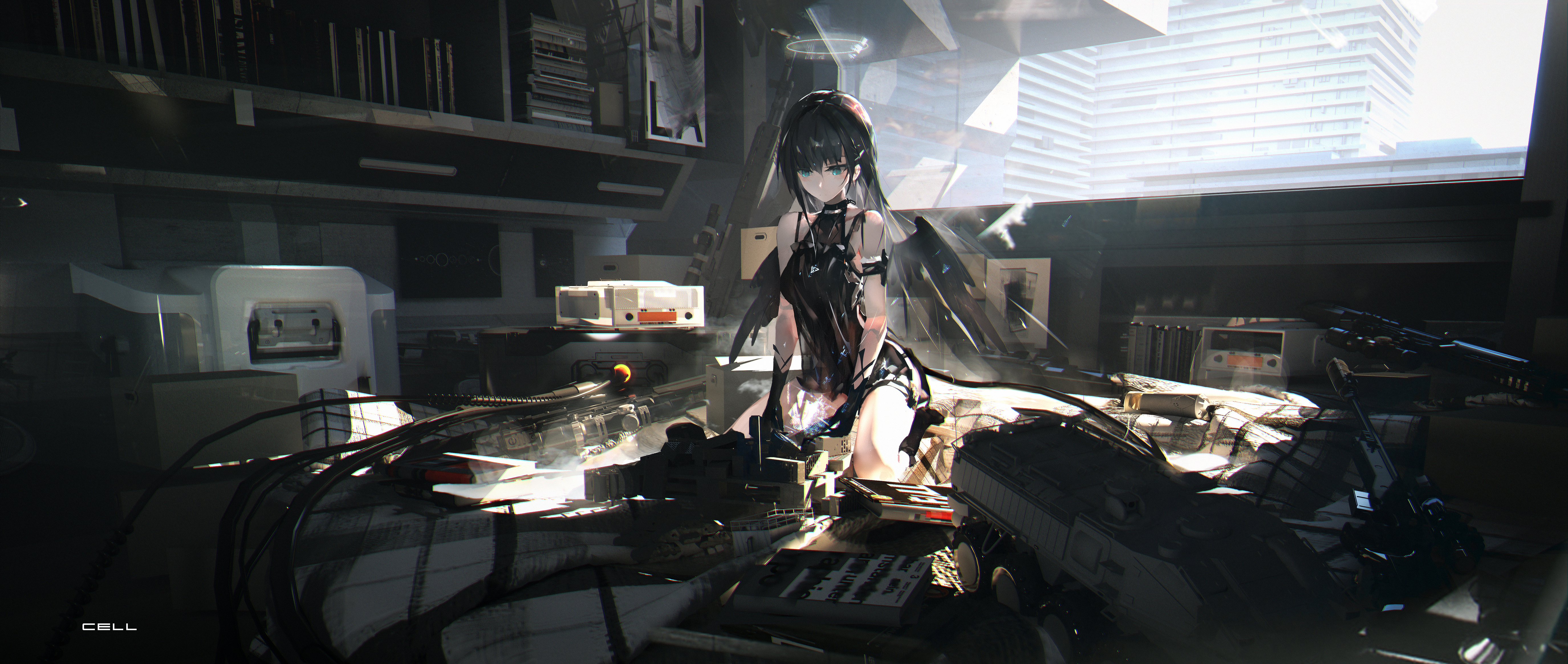 Anime girl in a futuristic room with a city view HD Wallpaper