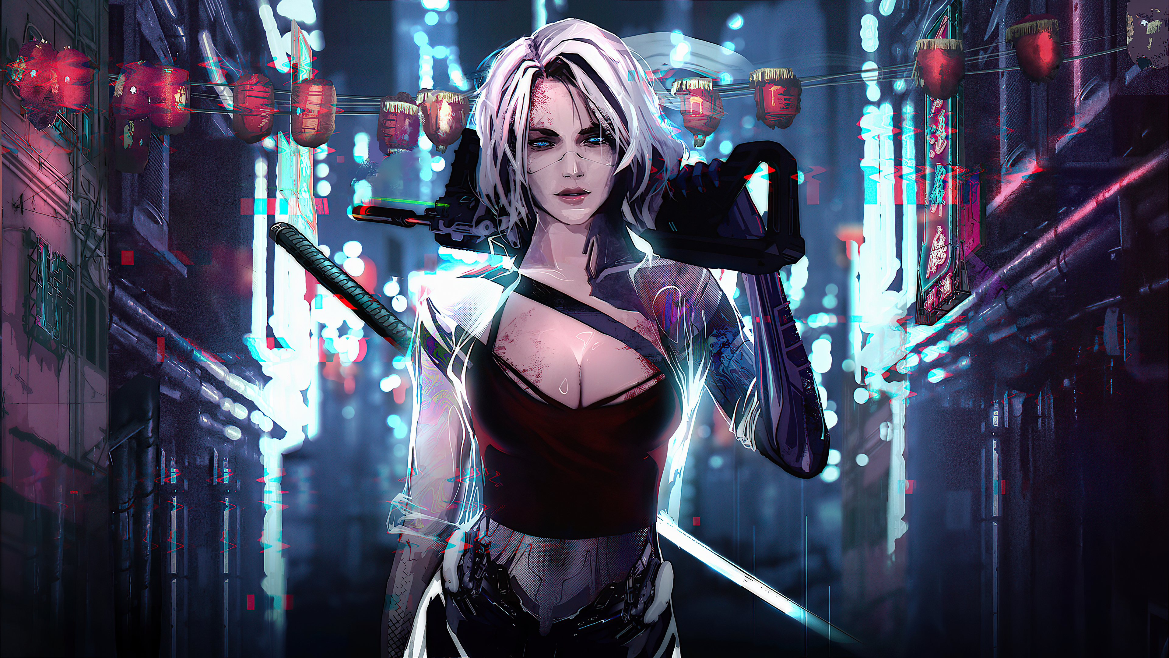 Cyberpunk warrior with sword in neon city HD Wallpaper