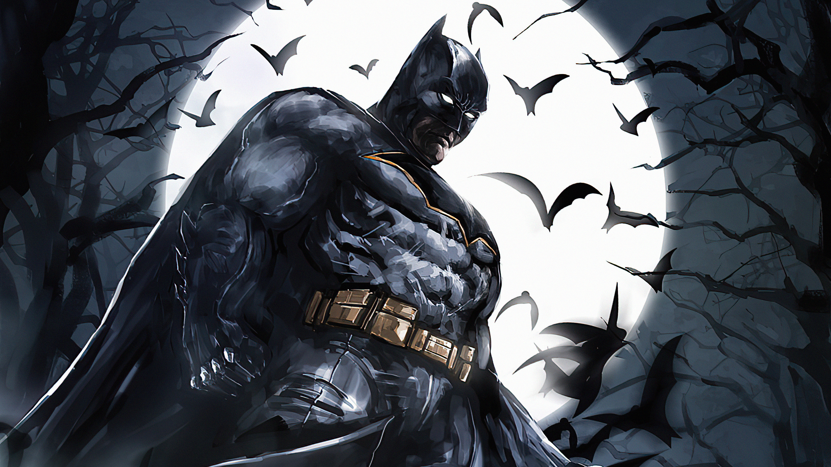 Batman in front of a full moon with bats and trees HD Wallpaper