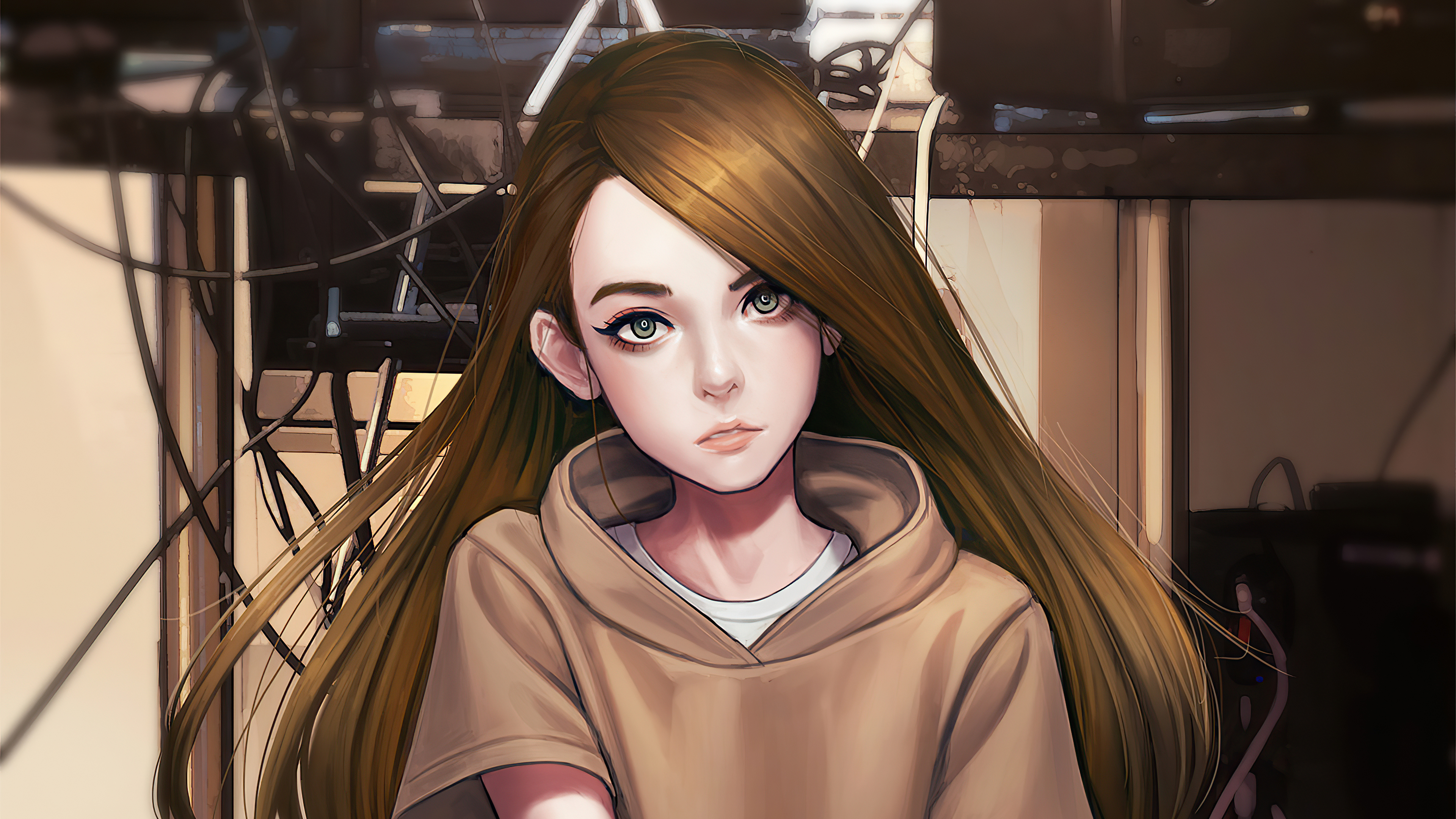 Anime girl with long brown hair and green eyes HD Wallpaper