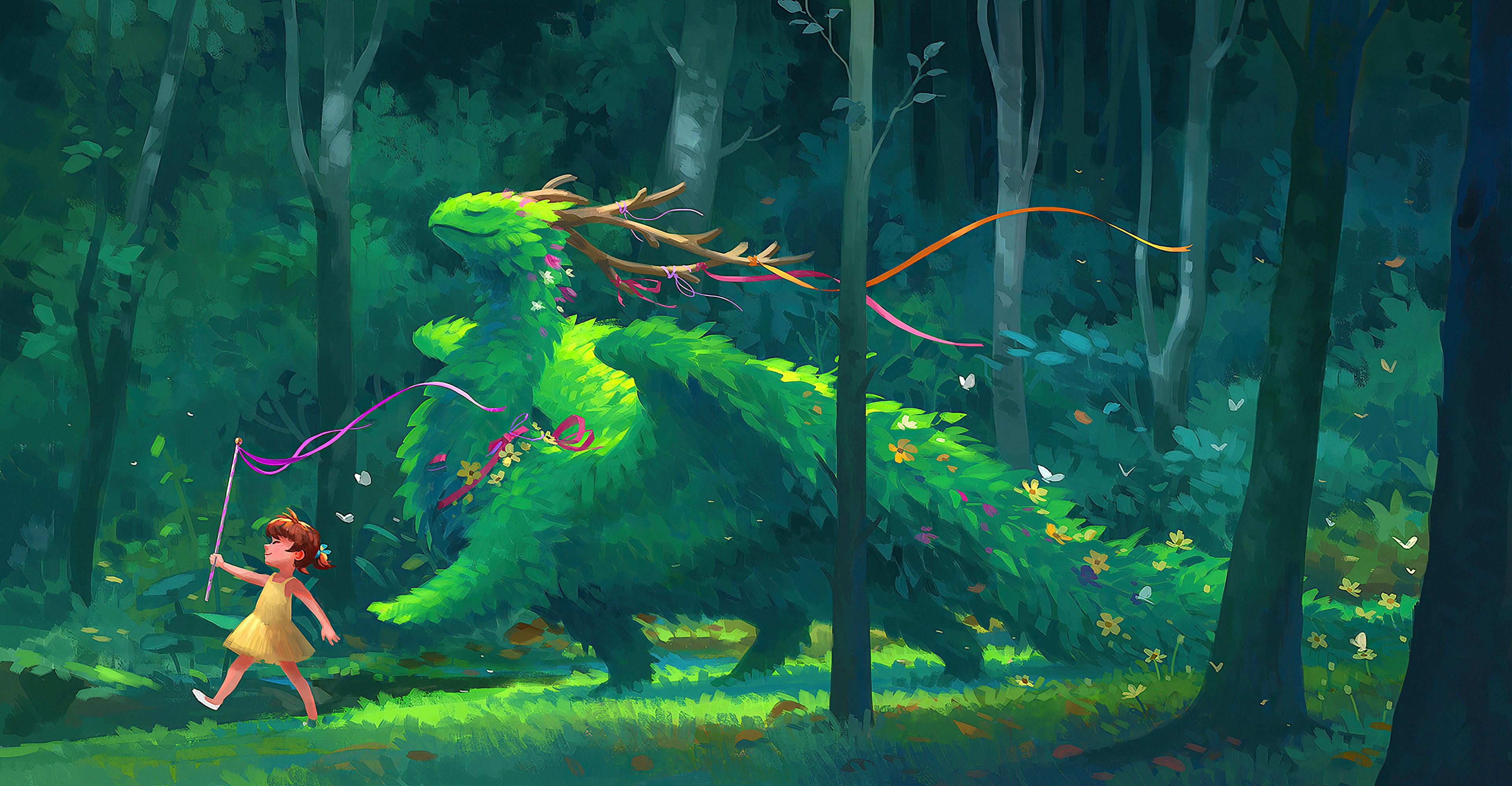 A girl and a green dragon in a forest HD Wallpaper