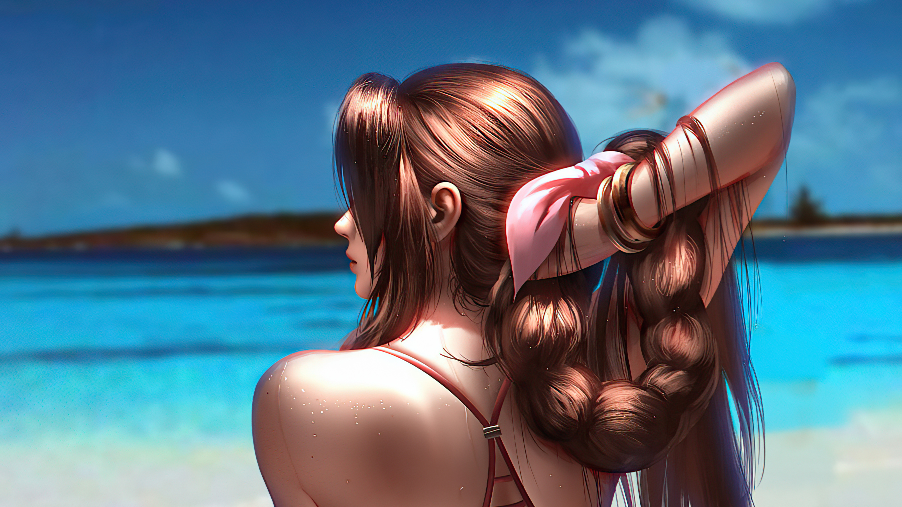 Aerith Gainsborough from Final Fantasy on a beach HD Wallpaper
