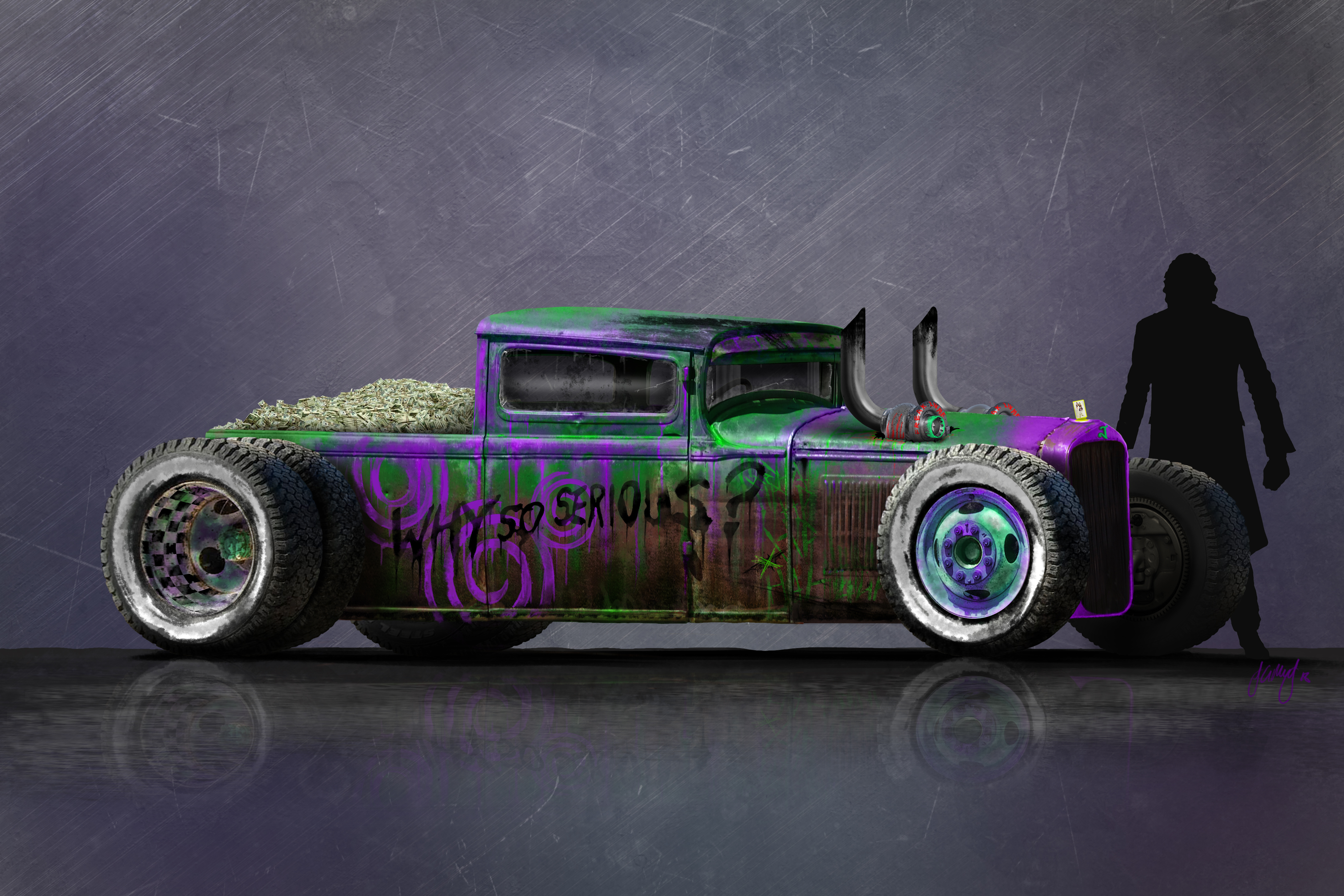 Joker-themed hot rod truck with money in the bed HD Wallpaper