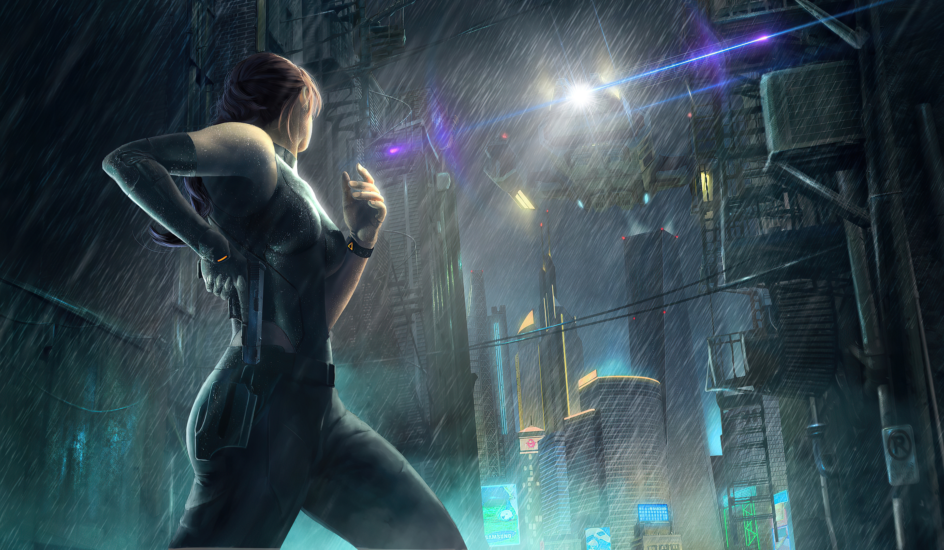 Warrior in a rainy cyberpunk city HD Wallpaper