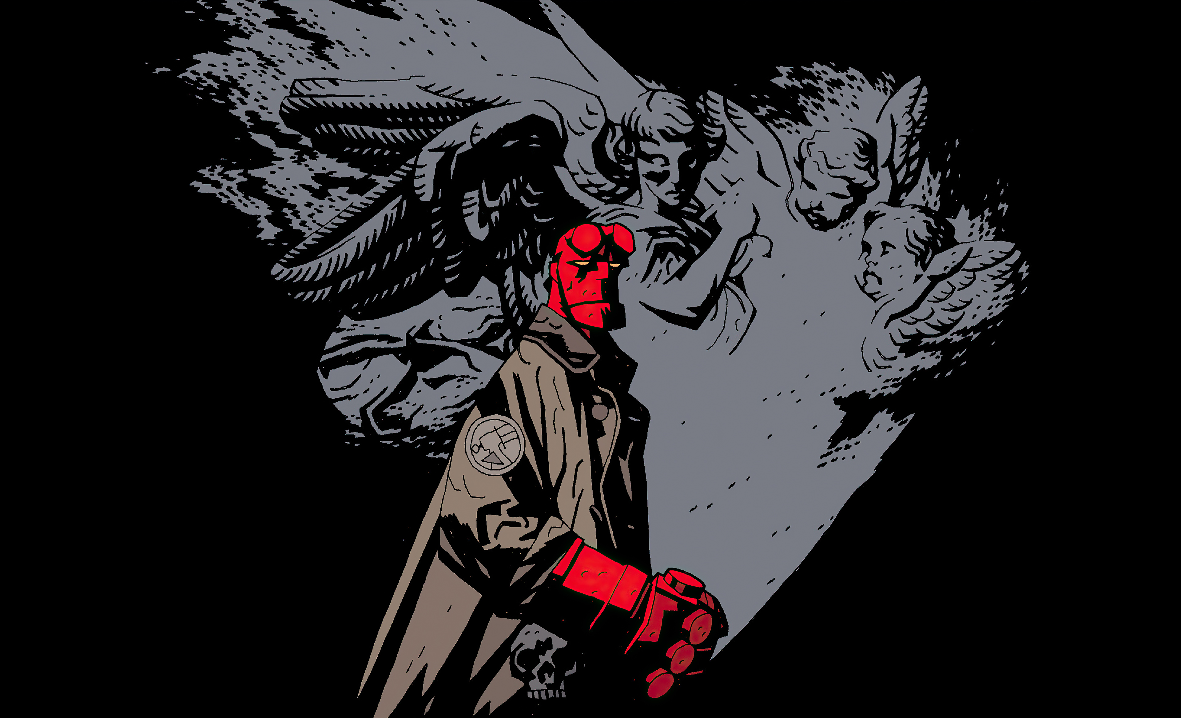 Hellboy artwork with angelic figures HD Wallpaper