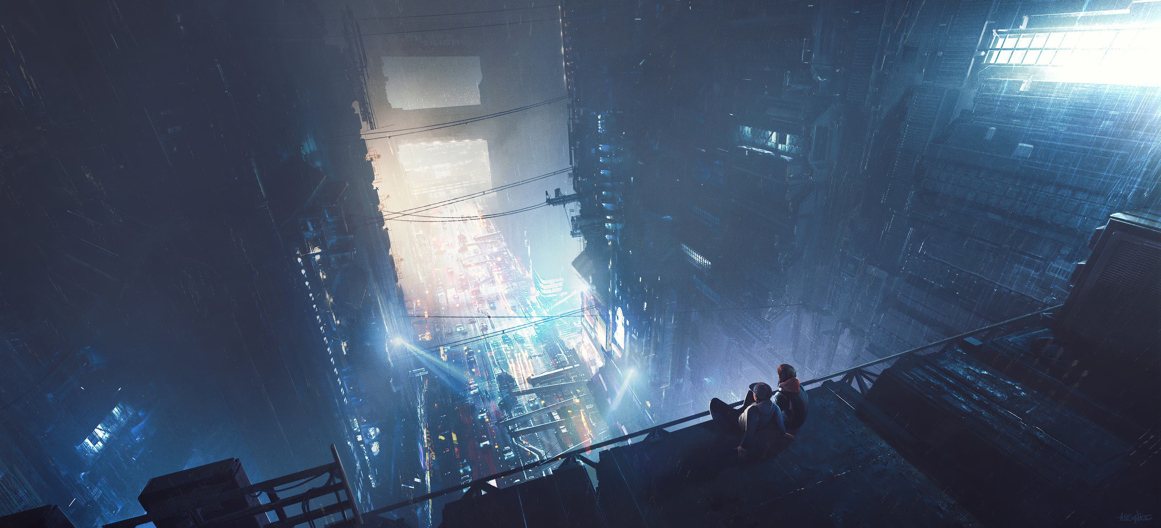 Two people sitting on a ledge overlooking a futuristic city HD Wallpaper